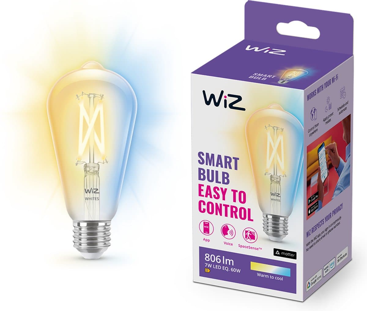 WiZ Edison Filament - Warm tot Koelwit Licht - E27 - Transparant