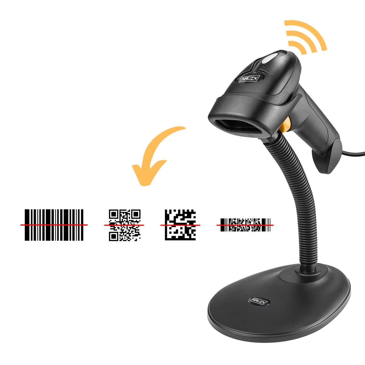 NAVIX Draadloze Barcode Scanner - Flexibele Standaard - QR Code Snel en Nauwkeurig Draadloos Scannen - Plug & Play Handscanner - Scannen van Papier en van Beeldscherm
