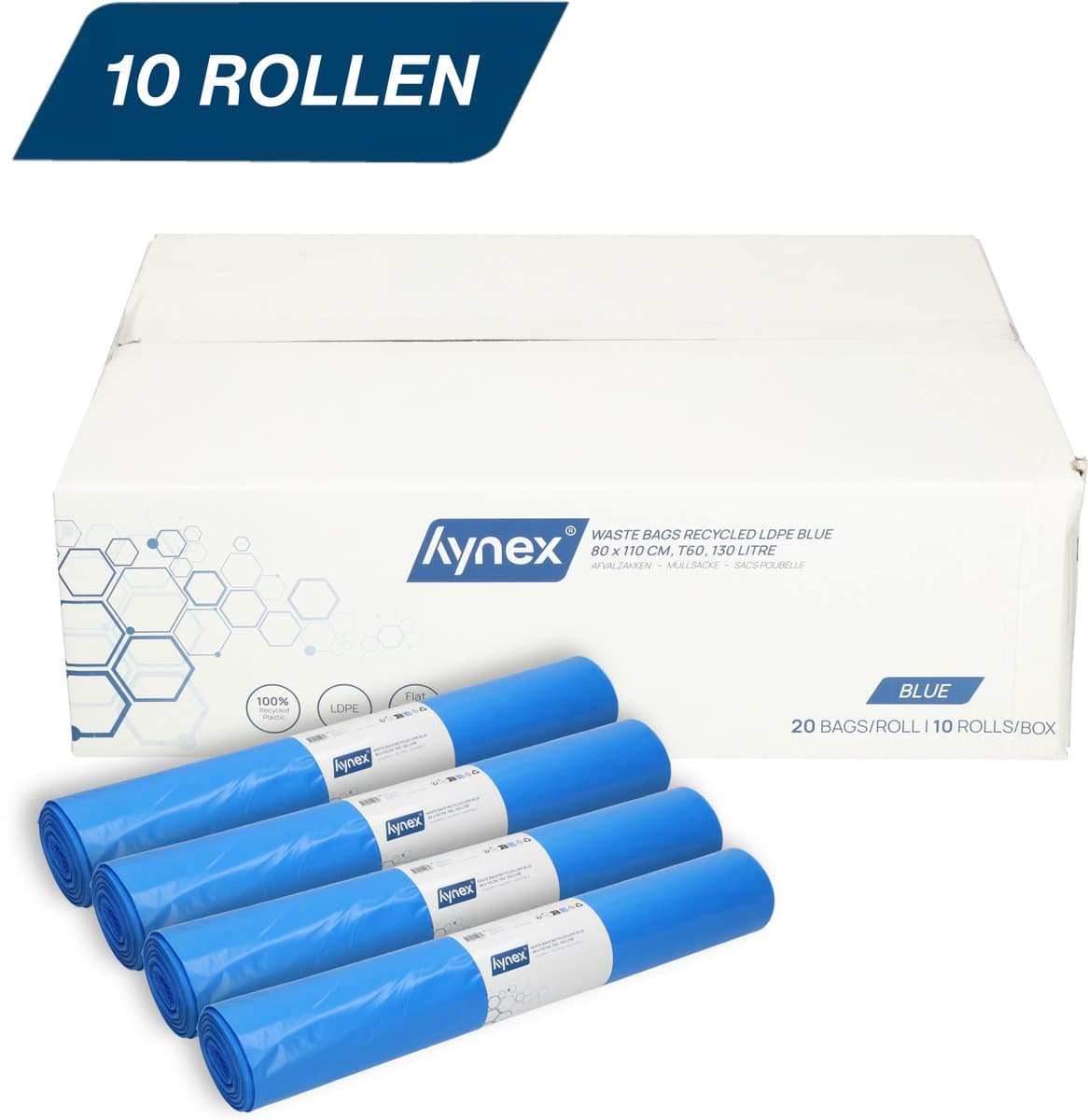 Hynex Vuilniszak 130 liter - 200 stuks - Afvalzakken - Gerecycled LDPE - 80x110 cm - 10 rollen x 20 stuks - Blauw