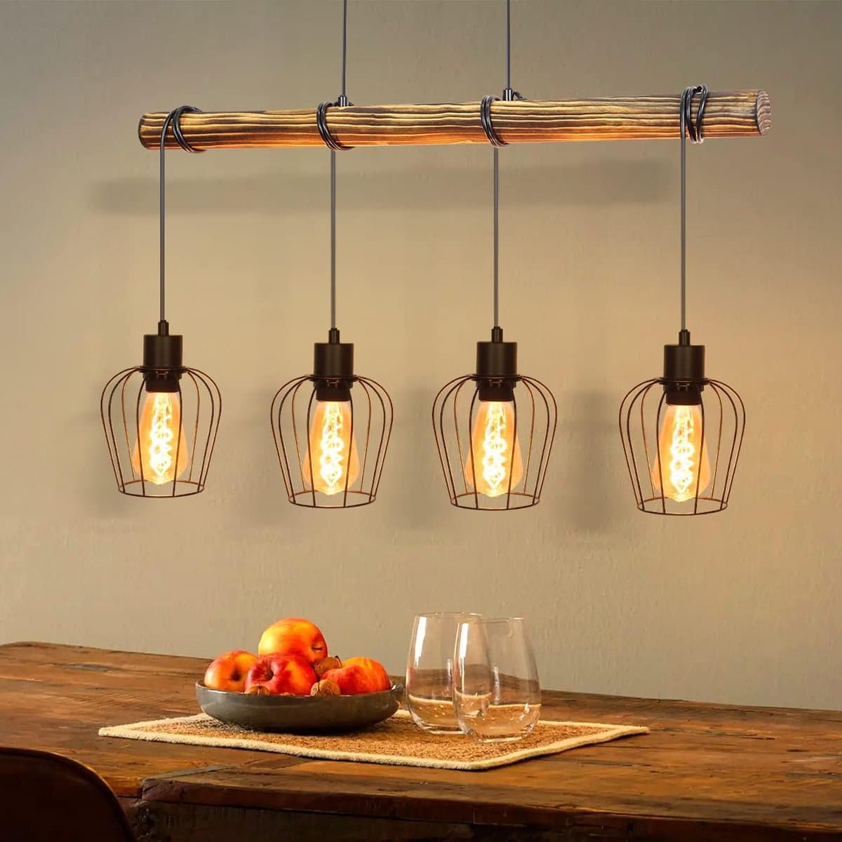 Glitzerlife - Hanglampen - Vintage Industrieel - 4xE27 Hanglamp - Hoogte Verstelbaar - Hout en Zwart Staal - Ø26cm Holzbalk 80cm - Zwart - Hanglampen Eetkamer Woonkamer