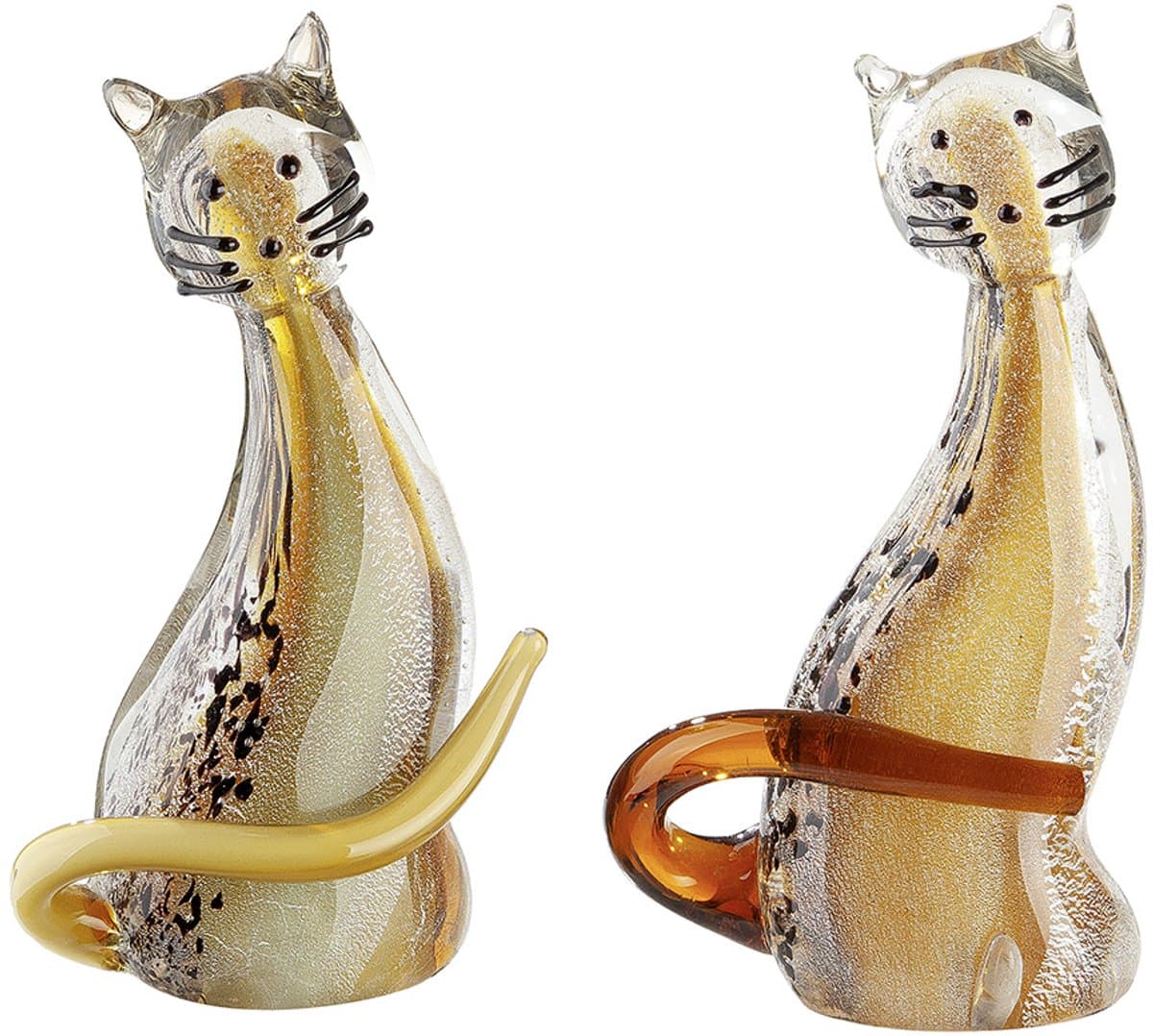 glassculptuur katten - set van 2 - handgemaakt - amber rood geel - 6x10x18 cm poes poezen