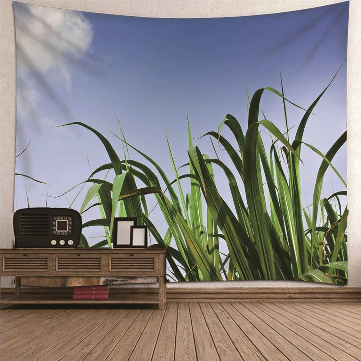 Modern Wandtapijt met Blauw Groen Planten en Hemel Print voor Slaapkamer en Woonkamer Decoratie