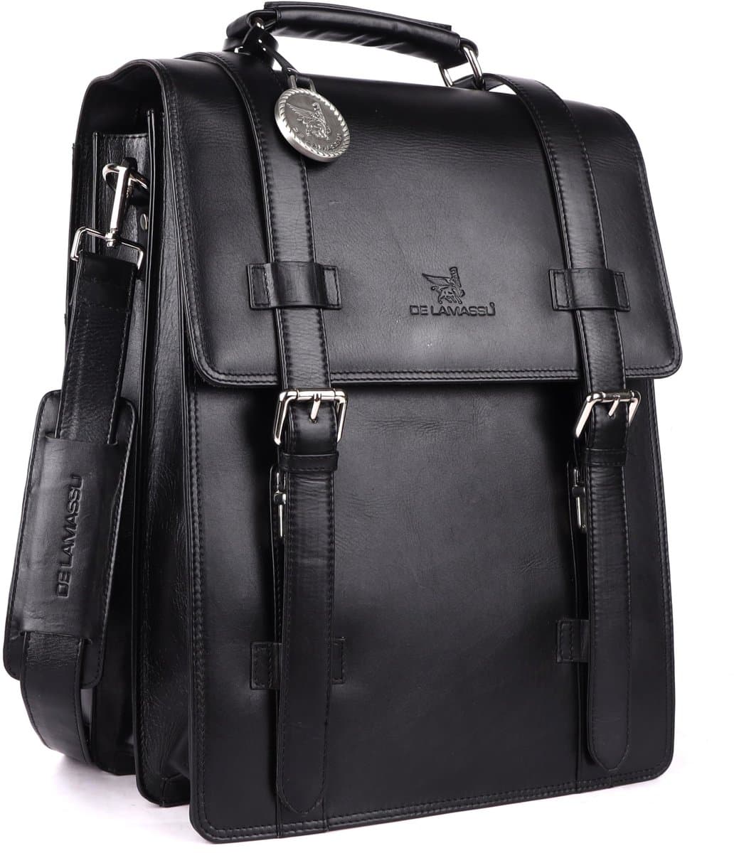DE LAMASSU® (Adrian) leren laptoptas – 2-in-1 rugzak & schoudertas Zwart.