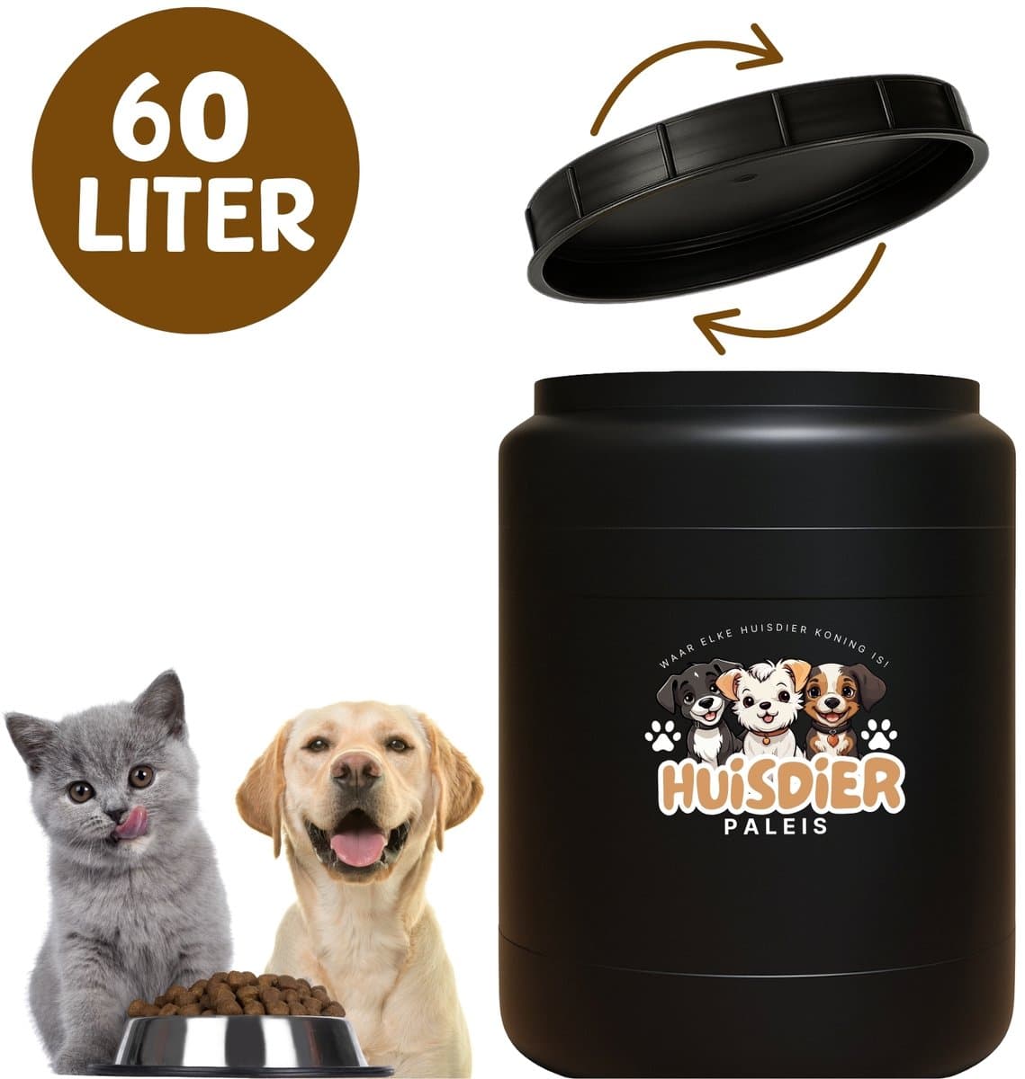 Voercontainer 60 liter Zwart - 25 kg Hondenvoer - Zwart - Voerton - Draaideksel - Hond - Kat - Huisdier - Stevig