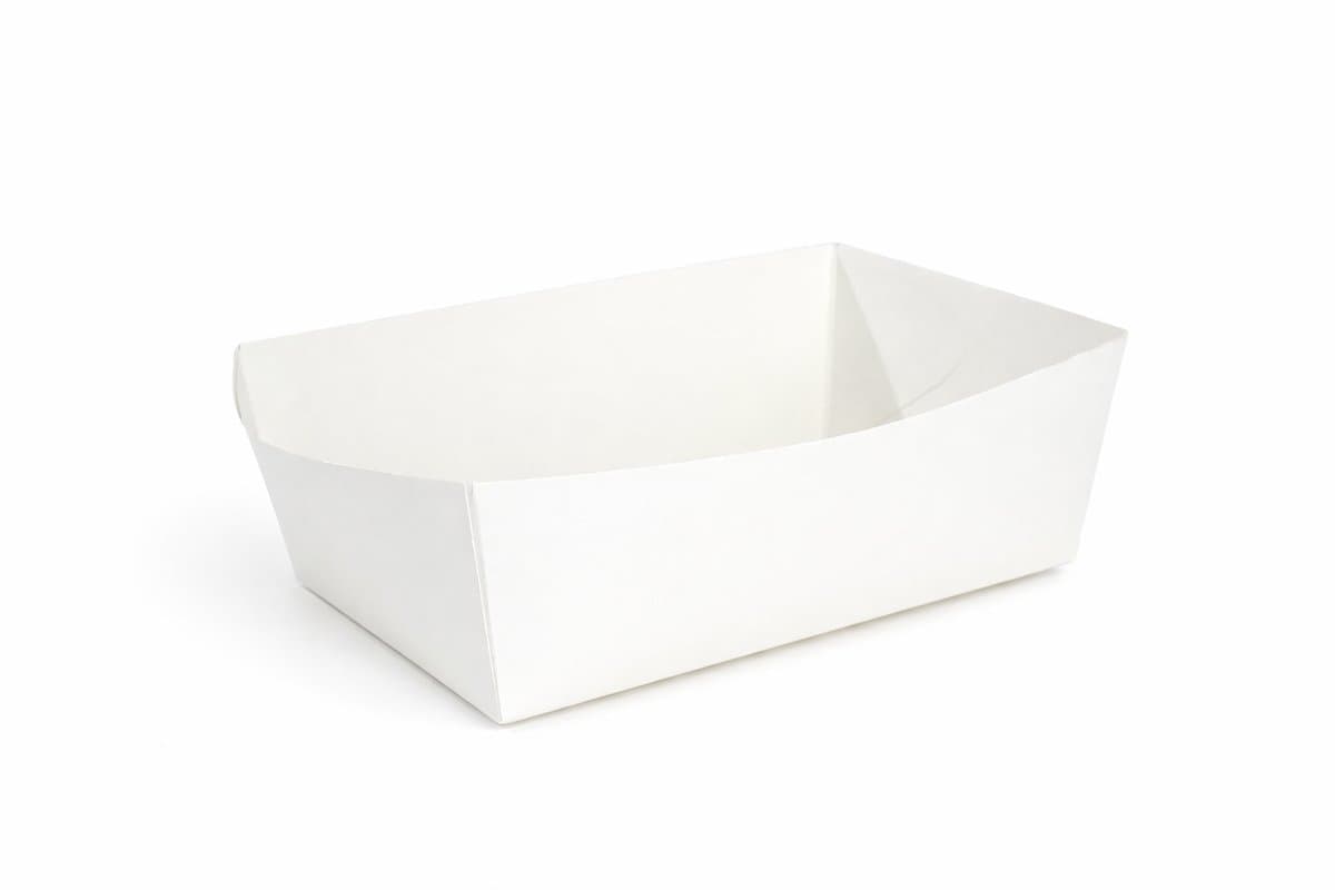100x Frietbakje wit 90 - eco snackbakje - kartonnen verpakking - snackbakje wit - 425ml 13,5cm x 7cm x 4cm- milieuvriendelijk - duurzaam - patat - barbecue - feestje - picknick - bbq - disposable - wegwerp - takeaway - serveerschaal - zomer - feestje