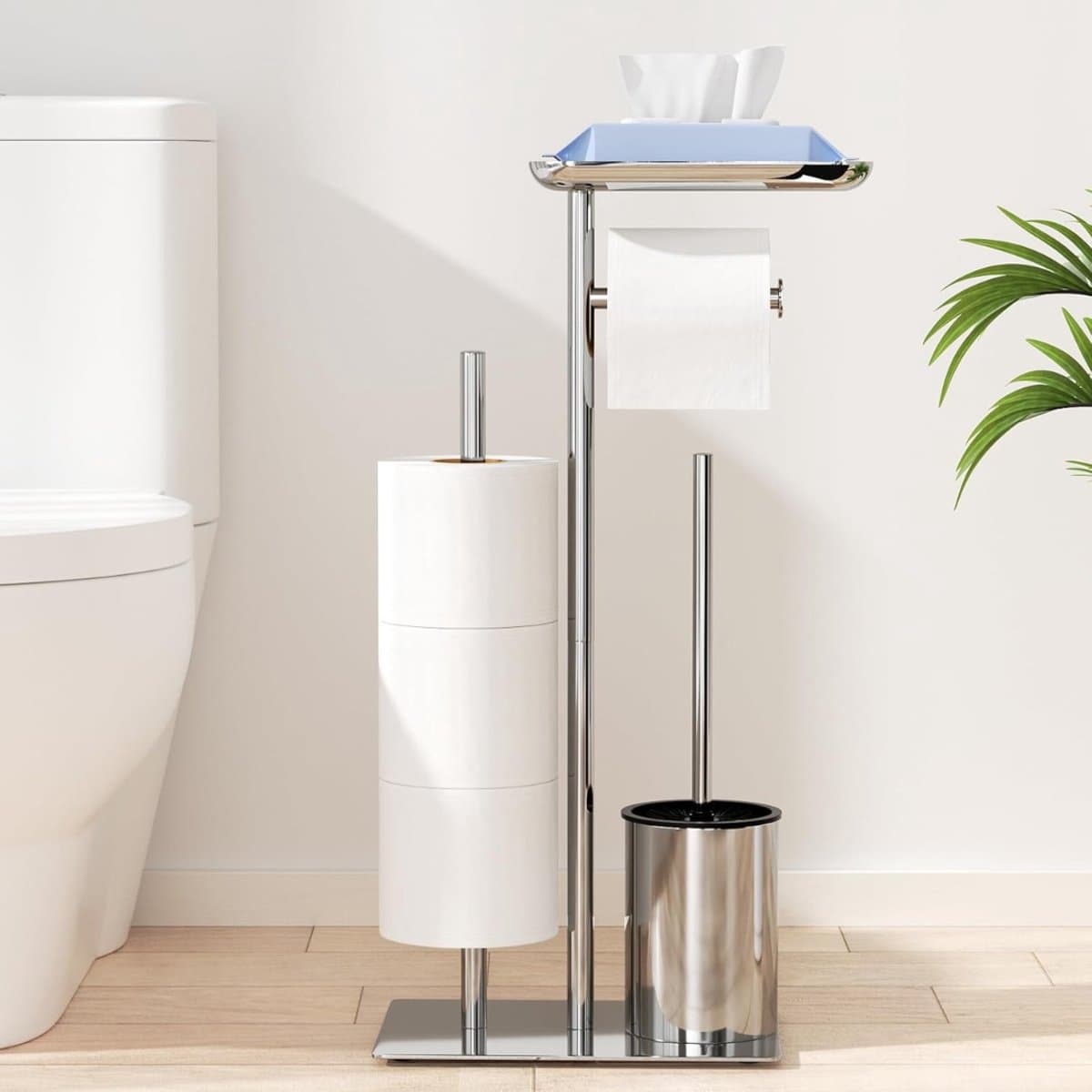 RONN® Toiletbutler - Toiletrolhouder - Multifunctionele Toiletbutlet - WC-Borstel - met Plank - Zilver - 57cm x 26cm x 3cm