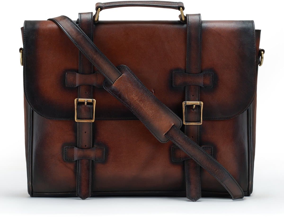 DE LAMASSU® Bastien Leren Aktetas 17 inch – Unisex Business Laptoptas van Volnerf Rundleer – Vintage Werktas met Dubbele Gesp