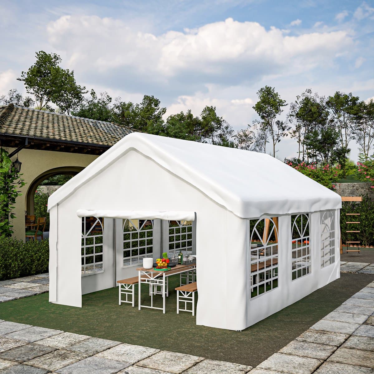 OKWISH Garagetent – Dubbele Doorrit – 601 x 400 x 281 cm – Staal En PE Gecoat Oxford – Wit – Auto En Opslag