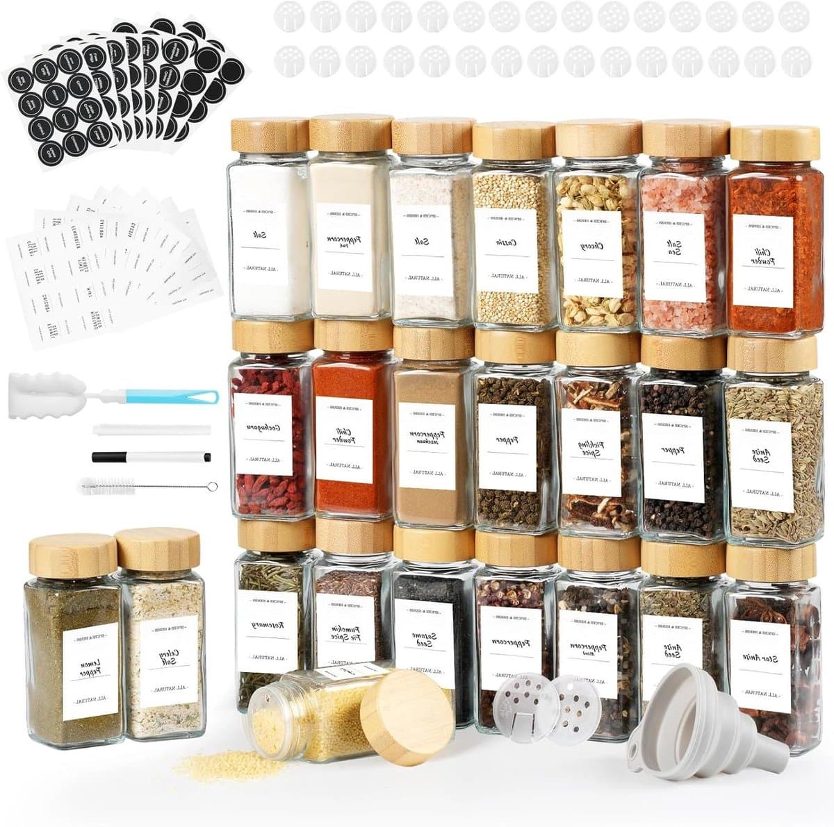 Allecto plus - Kruidenpotjes van glas (12 stuks) voor in de keuken - inclusief deksels, etiketten en accessoires