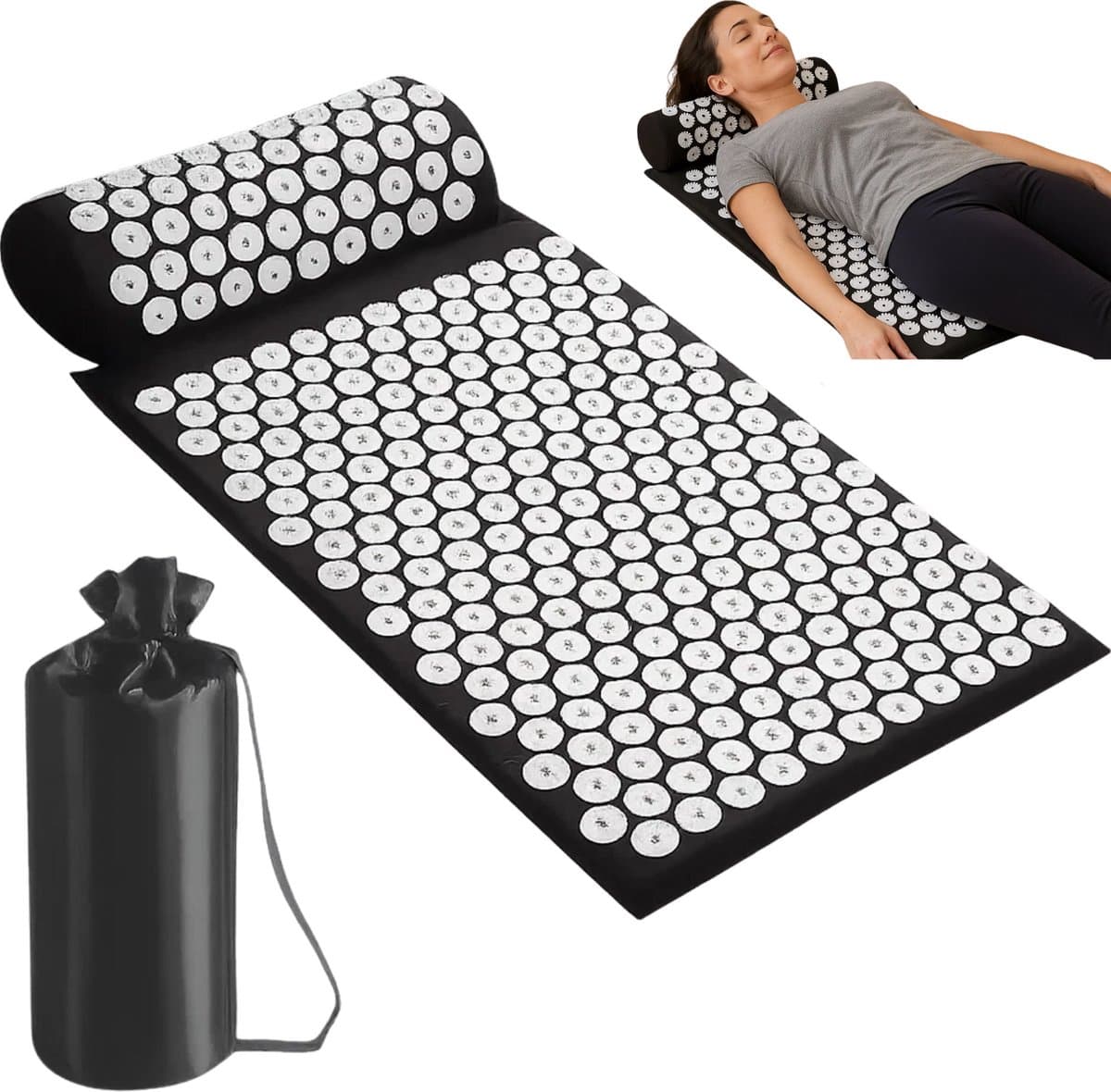 Lomera Acupressuur Mat - Spijkermat - Spijkerkussen - Acupressuur Set - Drukpunten Activatie - Katoen Materiaal - Abs Plastic Spijkerpads - Zwart/Wit Kleur - Opbergtas Inbegrepen - 230 Spijkerpads - 27 Drukpunten Per Pad Mat