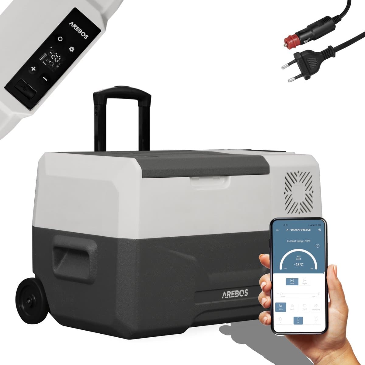 AREBOS Compressor Koelbox - Koelbox Elektrisch 12V 230 Volt - Koelbox Auto - 27L - Temperatuurregeling via APP of LCD-touchscreen - met wielen
