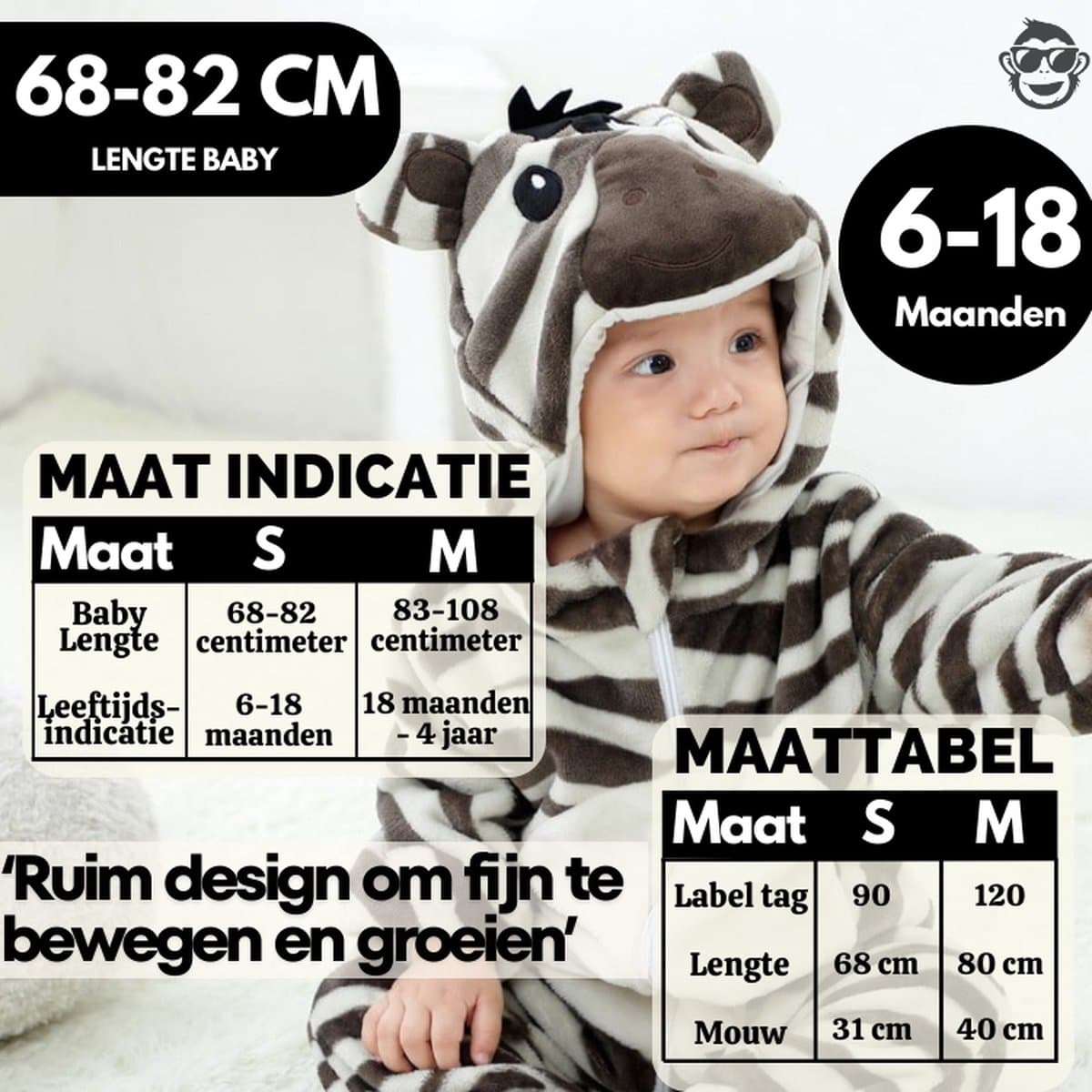 BoefieBoef Dieren Baby Onesie Peuter Pyjama Kinderen 6 maanden tot 2 jaar – Zebra – Verkleedkleding met Luierrits – Carnaval Dierenpak - Kerst en Kraamcadeau - Zacht Flanel - Romper - Boxpak - Jongens - Meisjes - Kruippak - Winterpak - Wit - Zwart