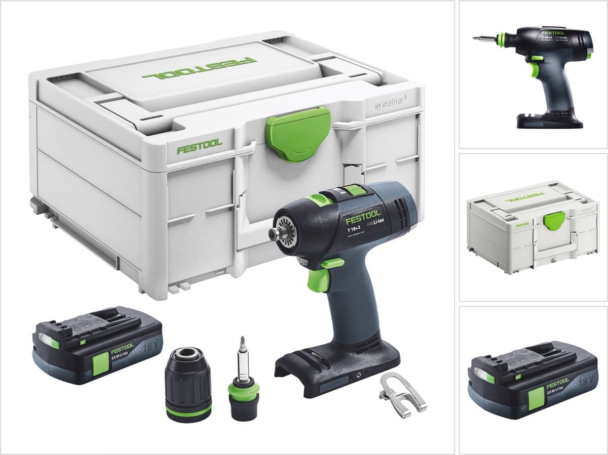 Festool T 18+3 Basic accuschroefboormachine 18 V 50 Nm borstelloos + 1x accu 3.0 Ah + systainer - zonder oplader