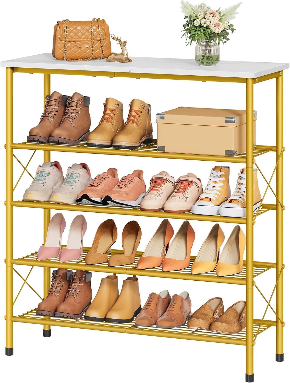Tajsoon 5-laags schoenenrek organizer voor 16-20 paar schoenen, metalen mesh schoenenplank voor kast, industrieel schoenenrek voor entree schoenenopslag met X-vorm vast frame, wit en goud