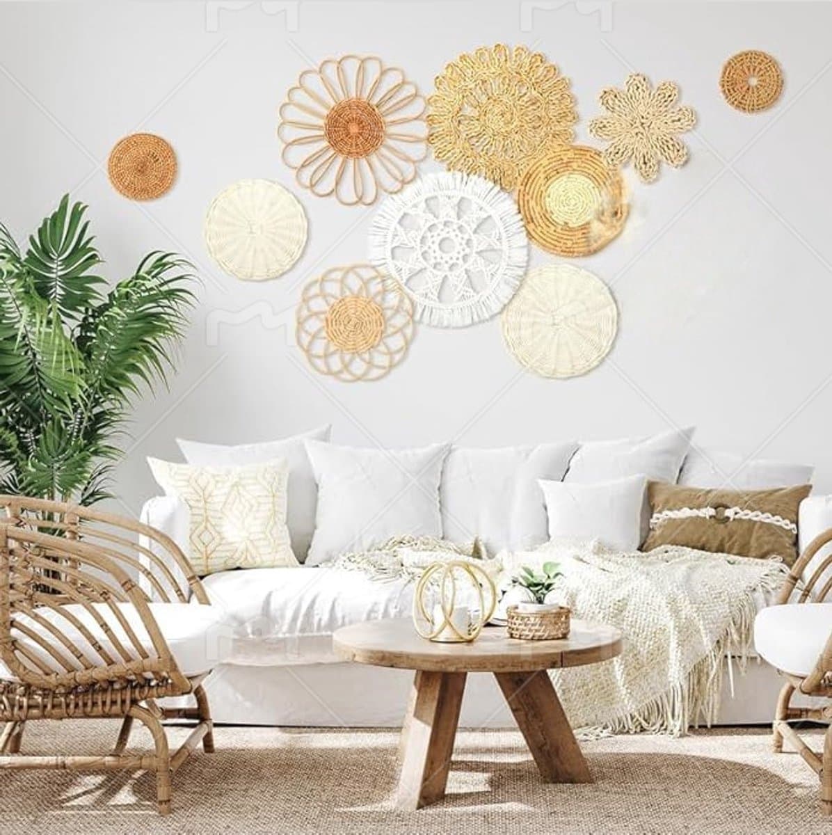 Set van 9 Gevlochten Zeegras Wandschalen – Ronde Boho Wanddecoratie voor Woonkamer en Slaapkamer, Handgemaakte Rieten Muurmanden in Natuurlijke Tinten, Bohemian Ibiza Stijl