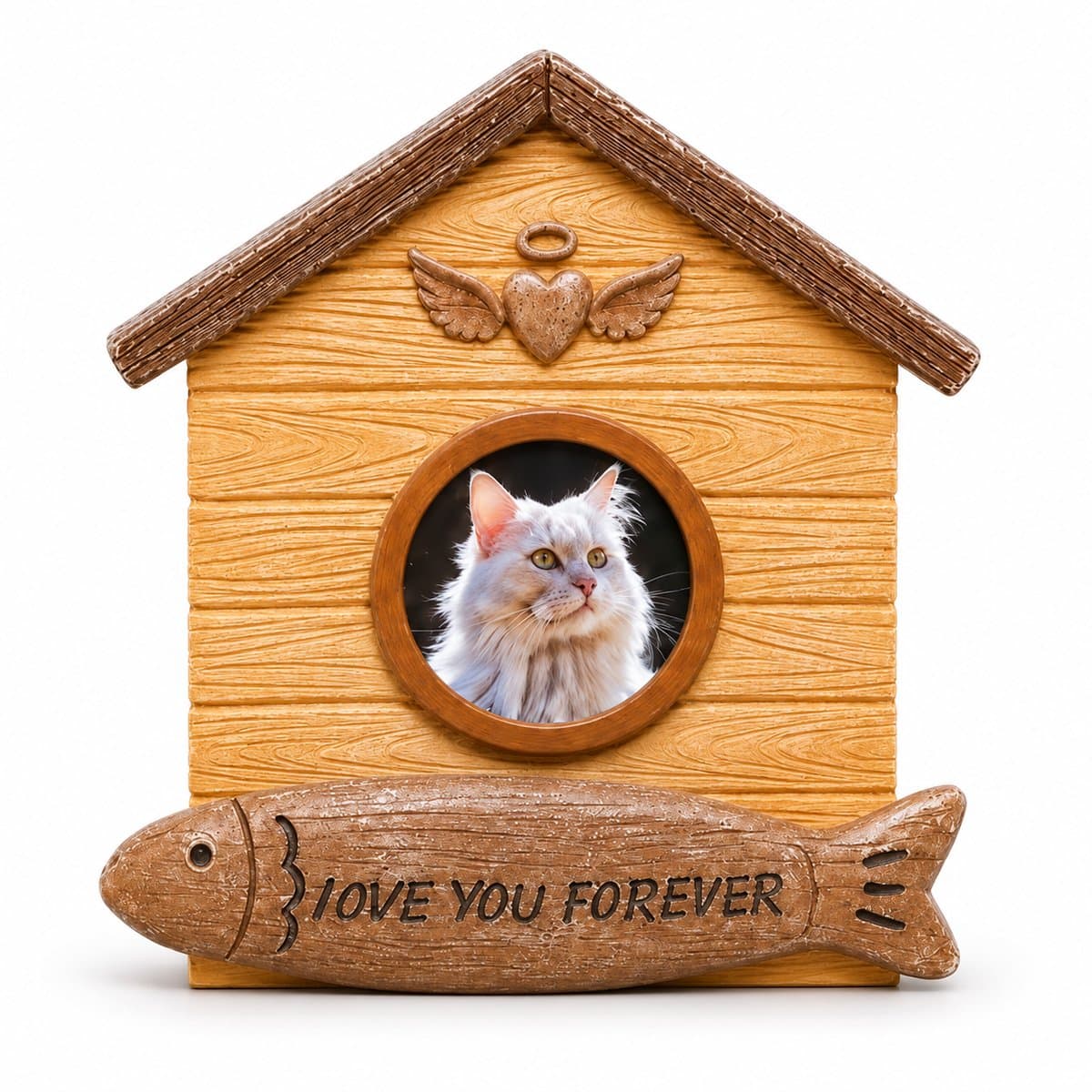 Sercano Kattenurn met Fotolijst – Huisdier Urn voor Kat – Gedenkurn in Huisvorm van Hars – Afsluitbare Onderzijde – 13,5 x 8 x 15 cm – Beige