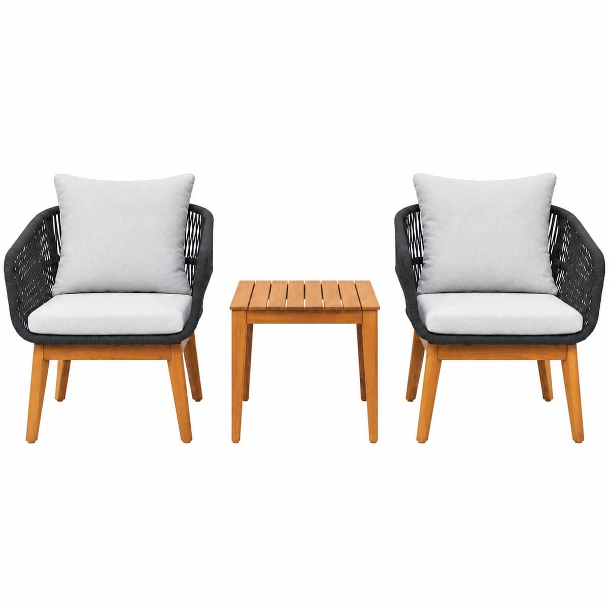 3-Delige Bistroset Antraciet - Acaciahout & Touw - 2 Tuinstoelen incl. Kussens & Tuintafel - Tuinset / Balkonset 2 Persoons
