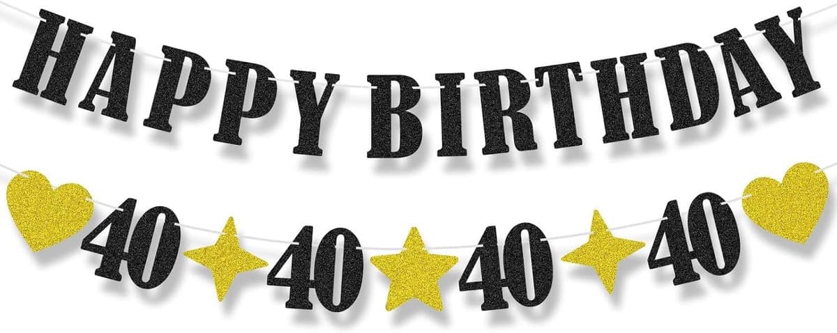 2 stuks zwarte en gouden glittersterrenbanner voor de 40e verjaardag, vrolijke 40e verjaardagsdecoratie voor vrouwen, grappige feestbanner voor mannen en vrouwen, geschikt om binnen en buiten op