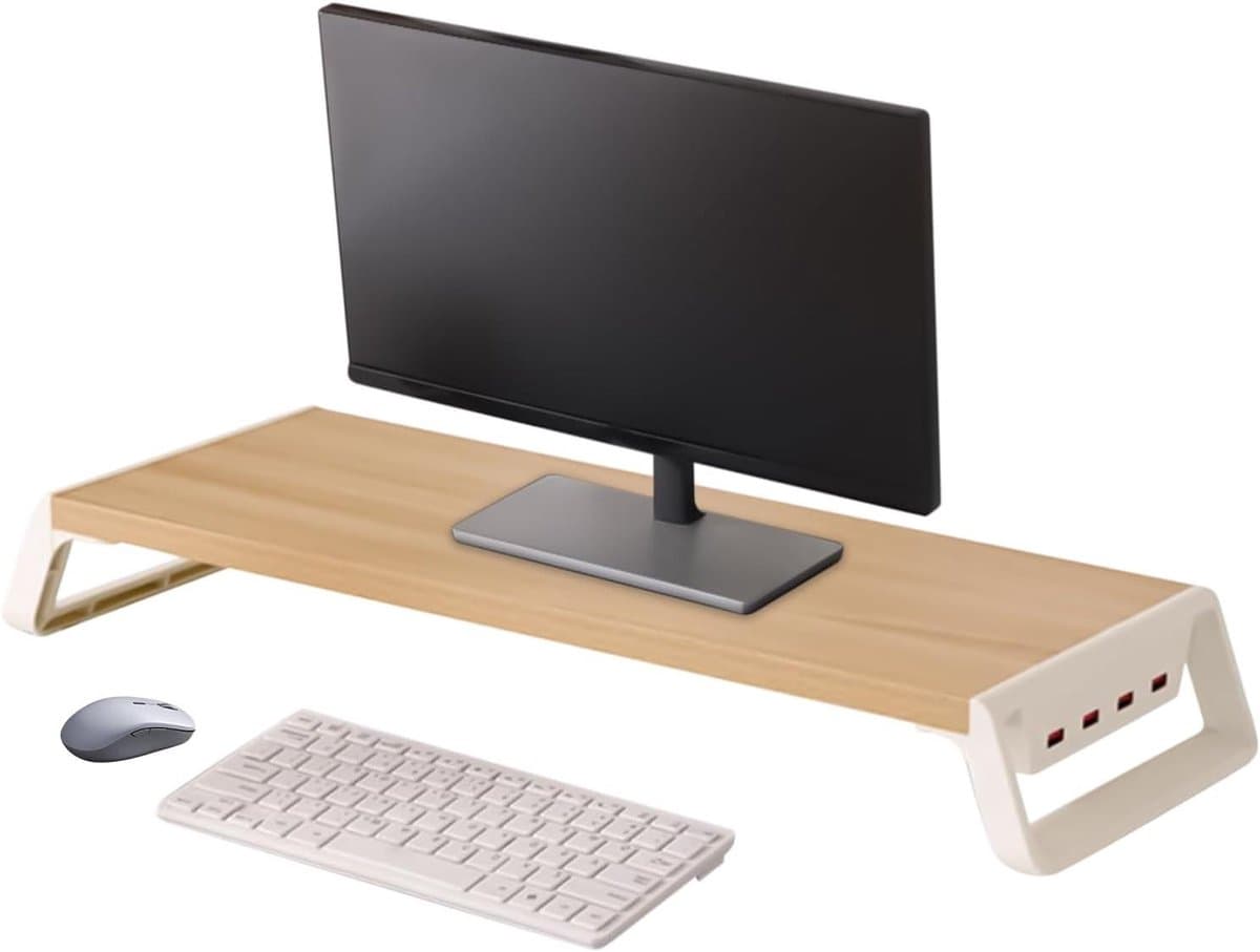 Monitor Verhoger - Bureau Organizer - Werkplek Organiseren - Met 4 USB Poorten - 50x20x7.5cm - Houtkleur met Wit