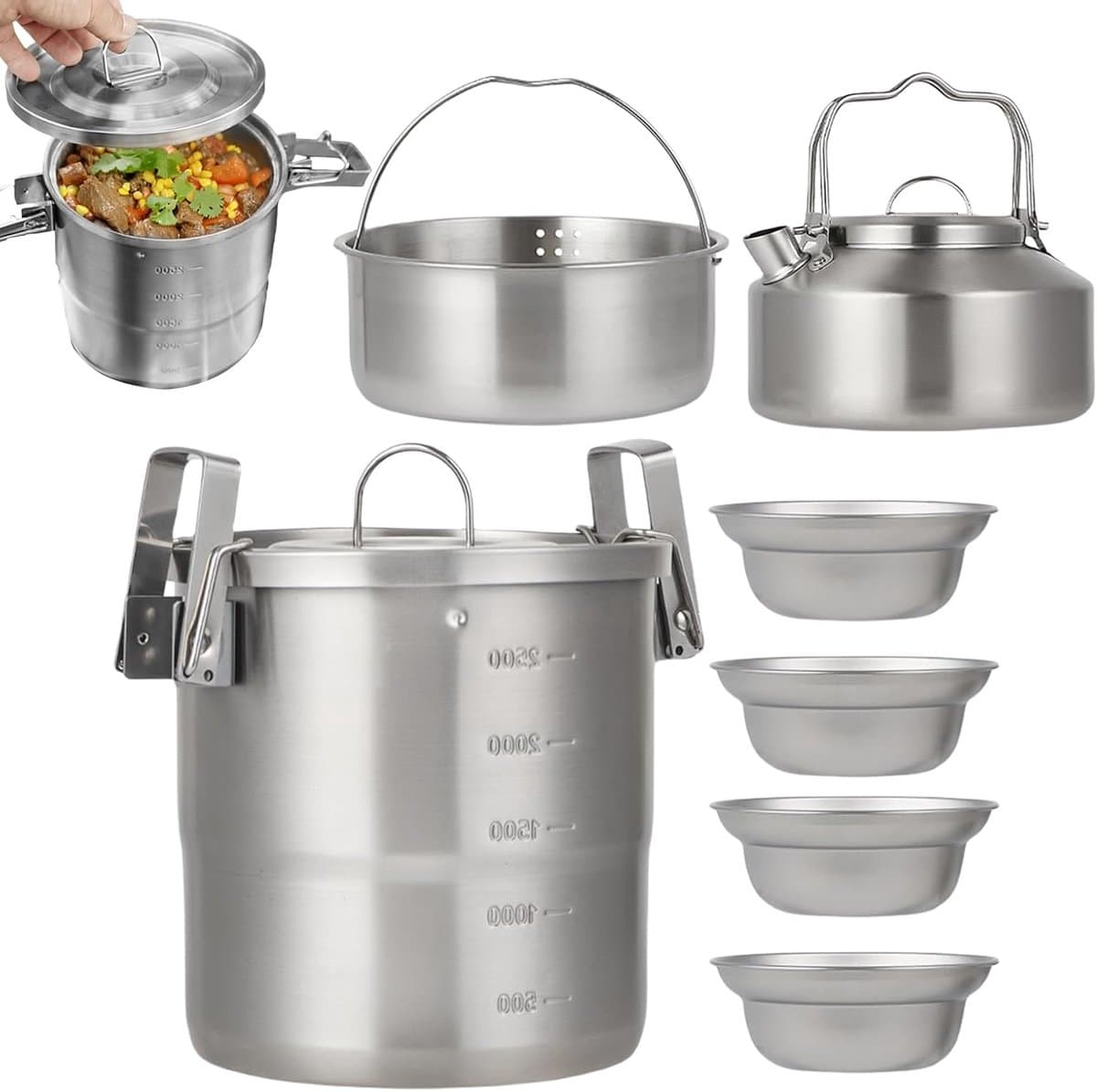 Camping Kookset - Outdoor Keukengerei - Kampvuur Koken - Lichtgewicht Uitrusting - 7-delige Set - Roestvrij Staal