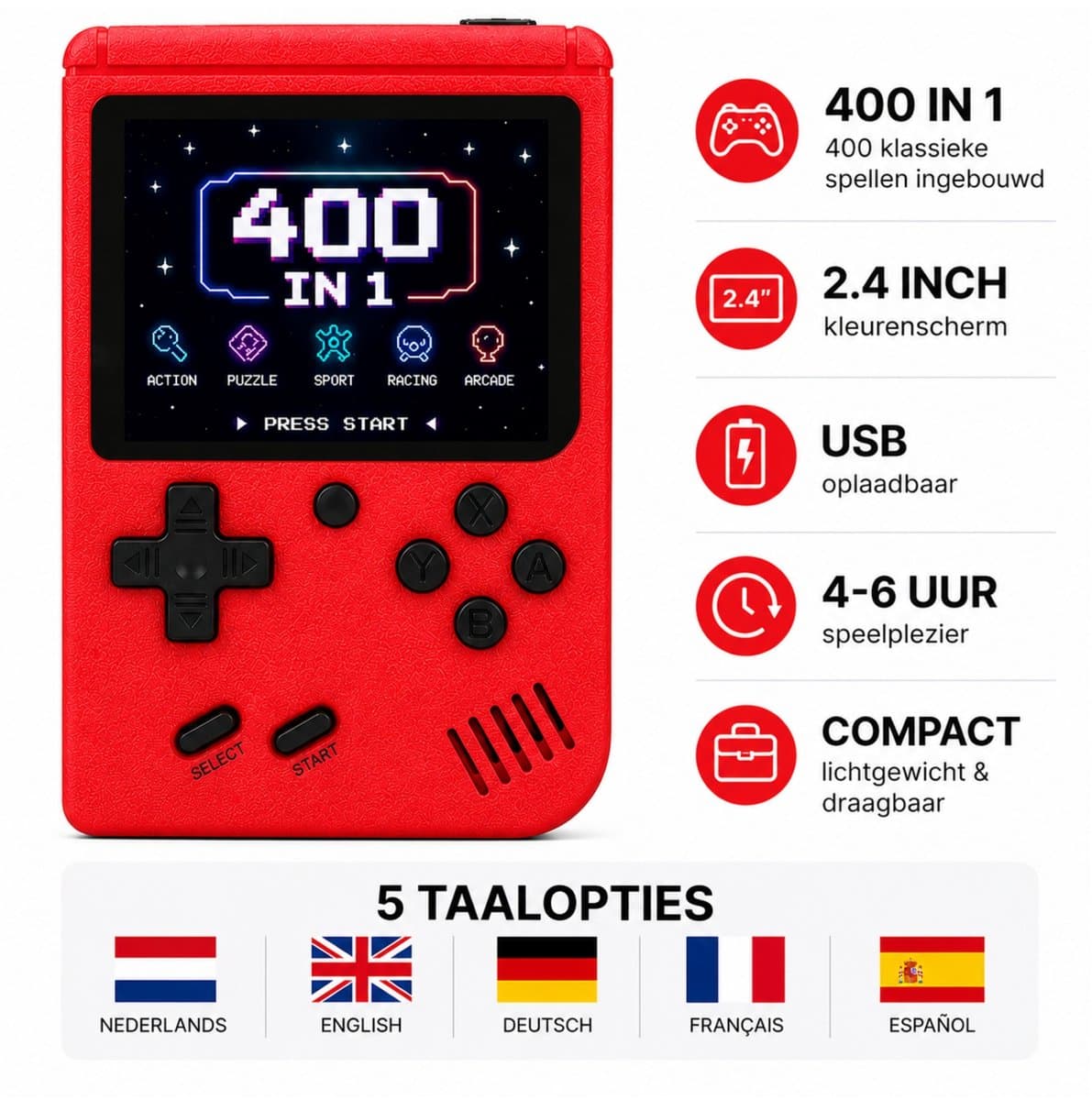 Fivesquare Retro Handheld Game Console – 400 Games Mini Arcade Spelcomputer met 2.4’’ Kleurenscherm – USB Oplaadbaar, Compact Reisspel voor Auto & Vliegtuig – Cadeau voor Jongens/Meisjes & Retro Gamers, Rood