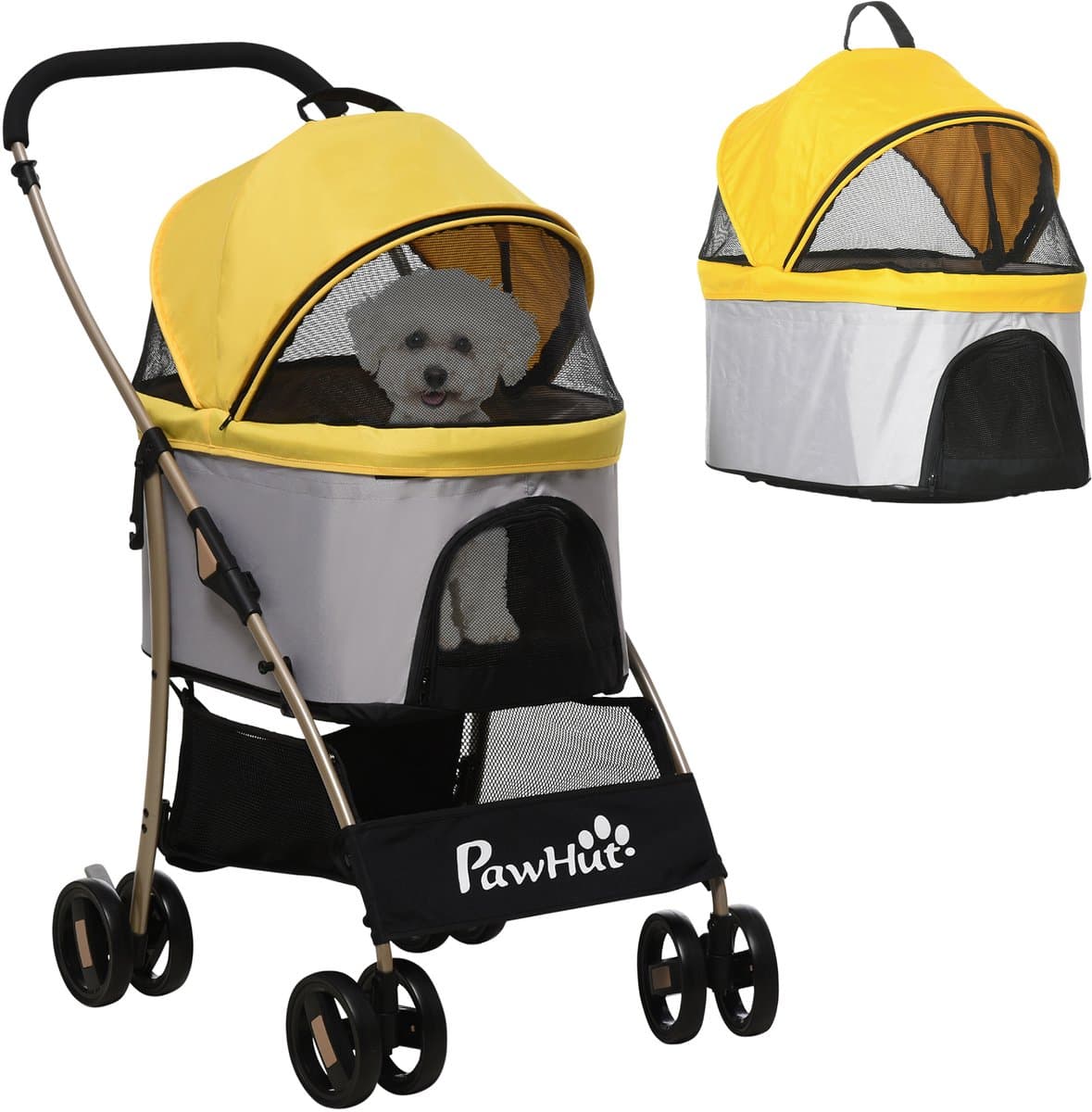 2-in-1 hondenbuggy/hondentrolley-opvouwbaar-1 mand-1 tas-82 cm x 49-5 cm x 98 cm-geel