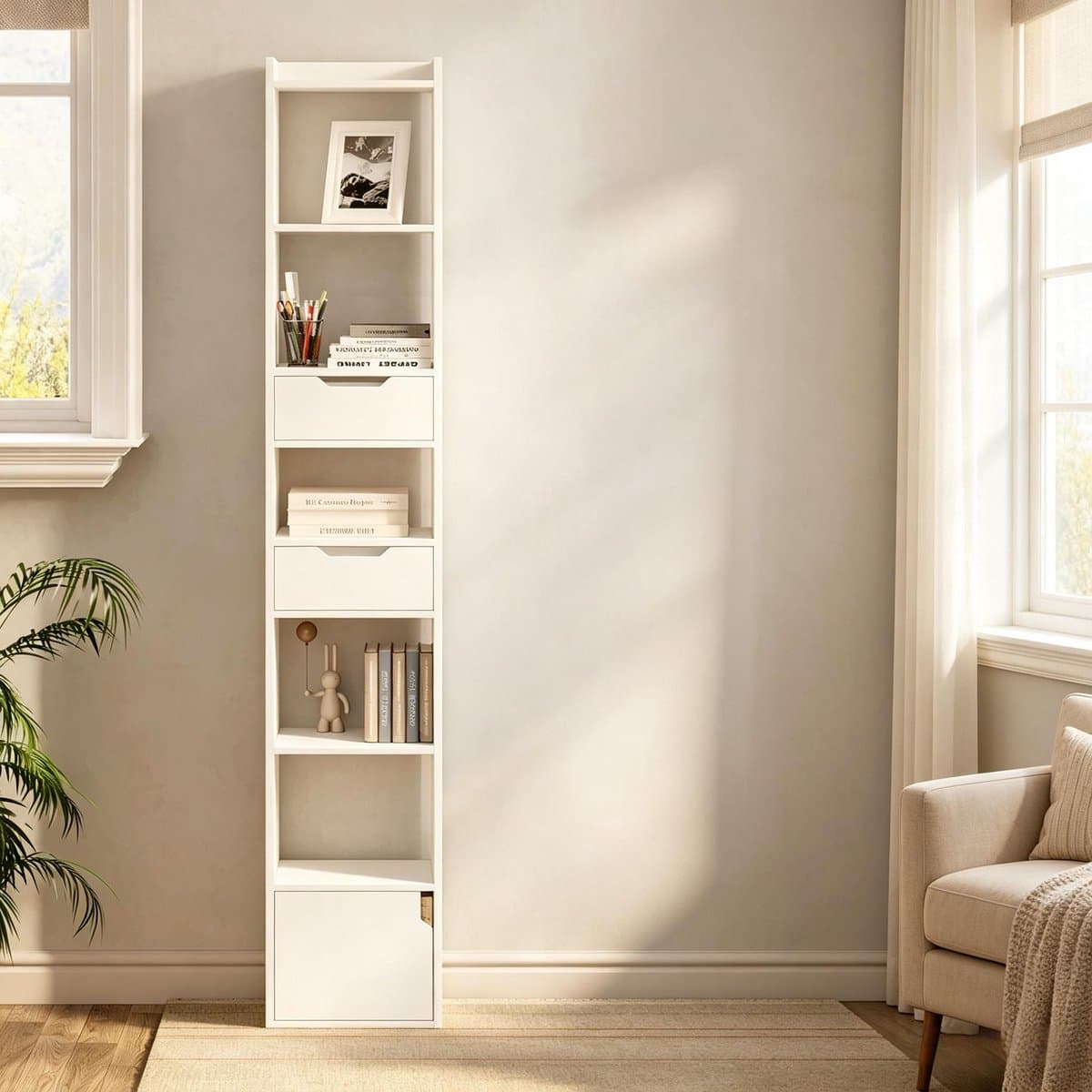 OKWISH Boekenkast – 33 x 181 x 24 cm – Met Verstelbare Plank En 2 Lades – Hout Met Melamine – Wit – Smalle Opbergkast