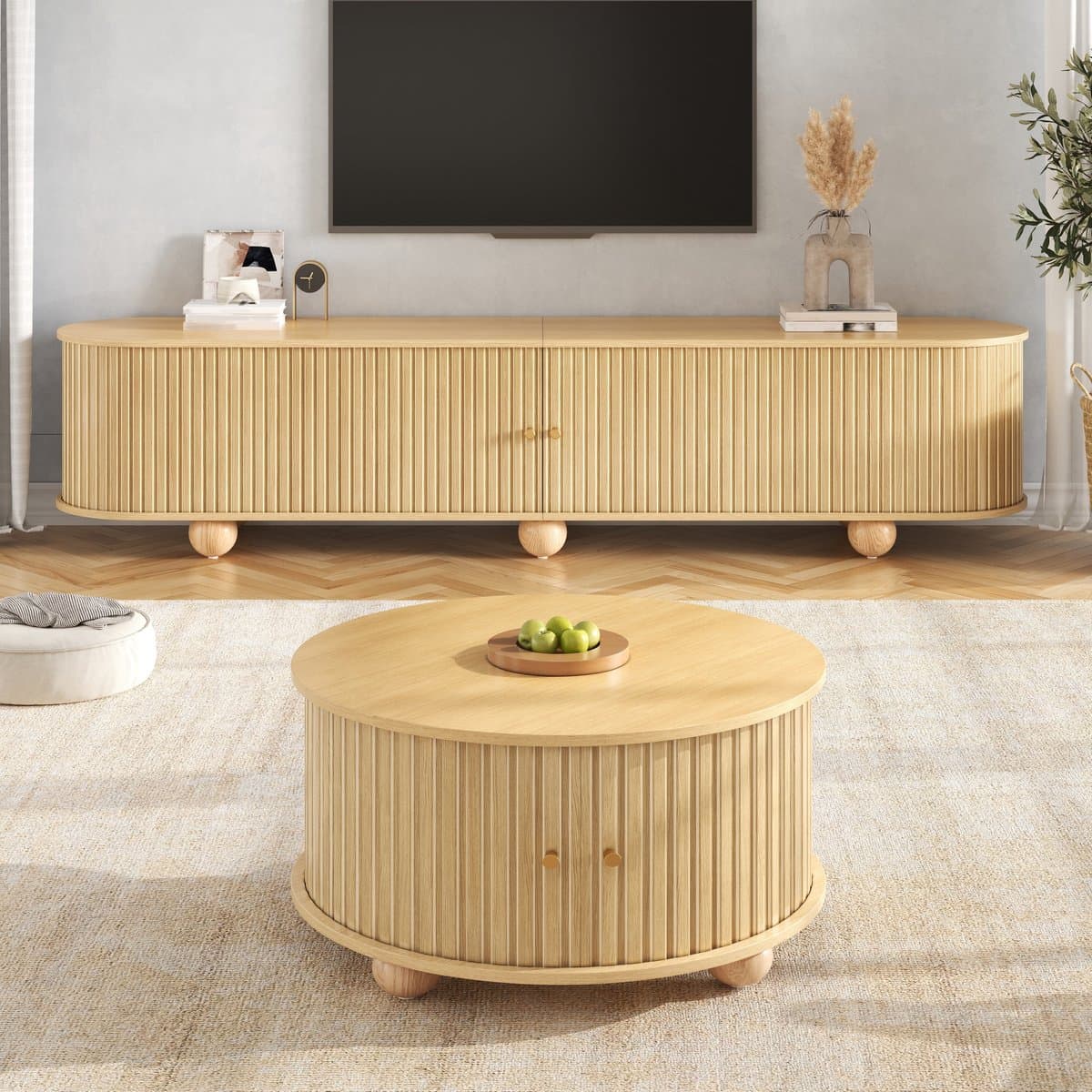 OKWISH Dressoir En Salontafel Set - Tv Meubel Met Schuifdeuren En Ronde Tafel - 180x35x45 Cm En 72x72x38 Cm - MDF Naturel