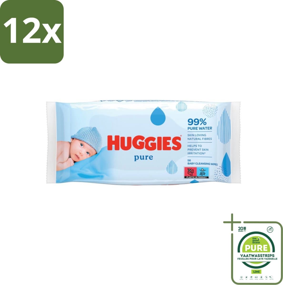 Huggies - Billendoekjes - Pure - Tegen Huidirritaties - 56 Babydoekjes - Voordeelverpakking - 12 stuks - Babydoekjes - Billendoekjes