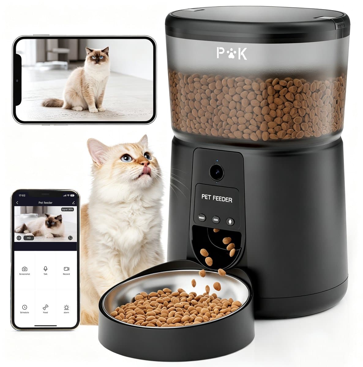 PUPPY KITTY Slimme Automatische Voerbak - Voerautomaat Kat & Hond 4L Zwart - Wifi App Besturing - Full HD 1080P Camera Nachtzicht - Spraakopname Automatische Voerdispenser