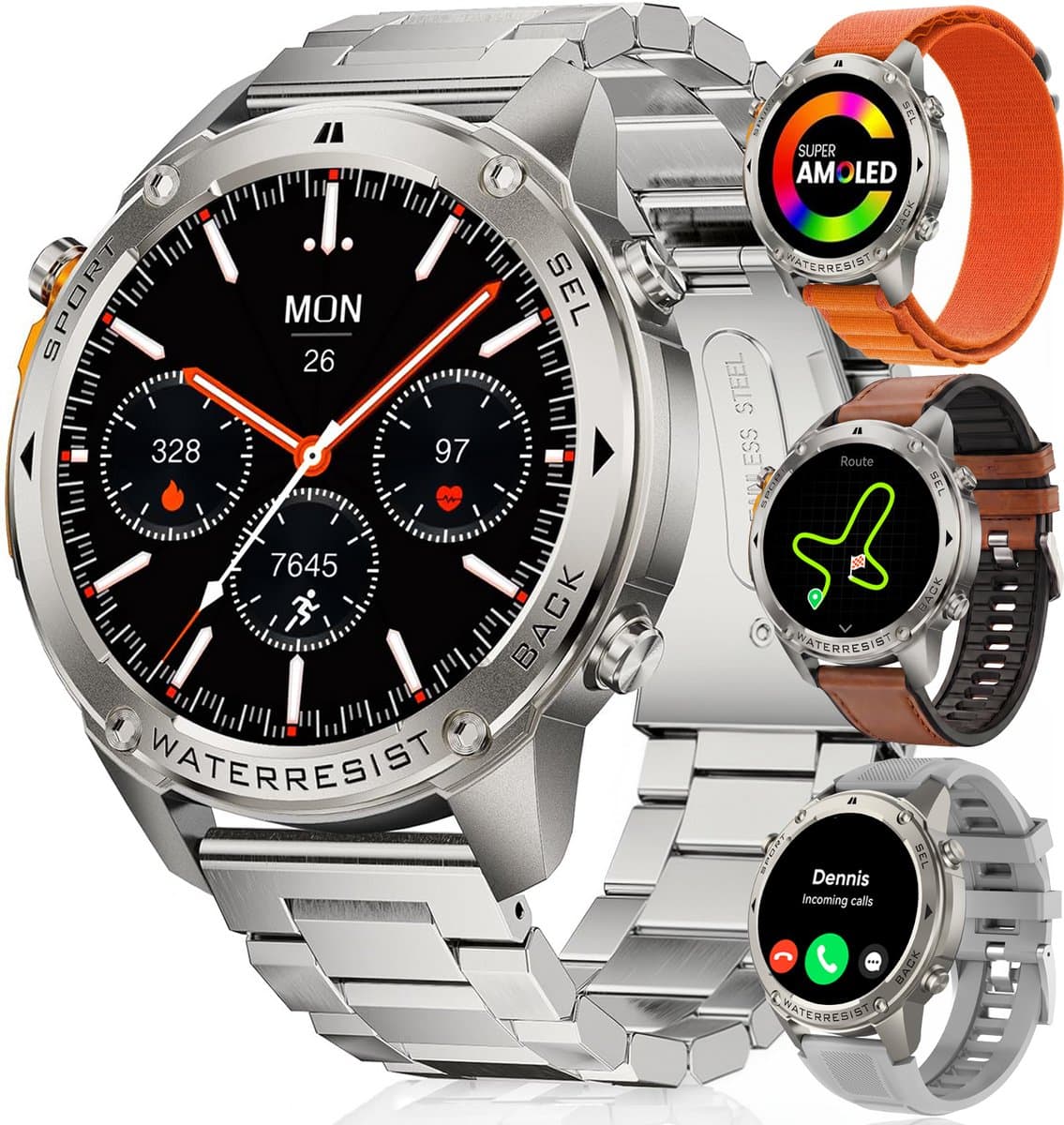 Synyq GPS Pro - GPS Smartwatch Heren - 3 Bandjes - 51mm - AMOLED Scherm - 5ATM Waterdicht - Belfunctie - 170+ Sportmodi - Stappenteller - Hartslag, Slaapmeter, SpO2 - Smartwatch Heren - Sport Horloge - IOS & Android