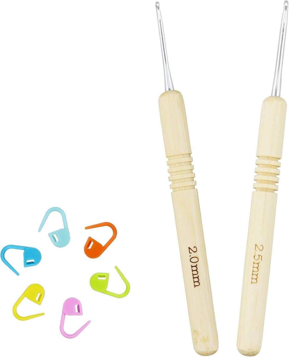 Set van 2 haken, haakset 2,5 mm, 2 mm, haken, breinaalden ultra – licht, ergonomisch houten handvat met meshmarker, beginner, doe-het-zelf breinaalden