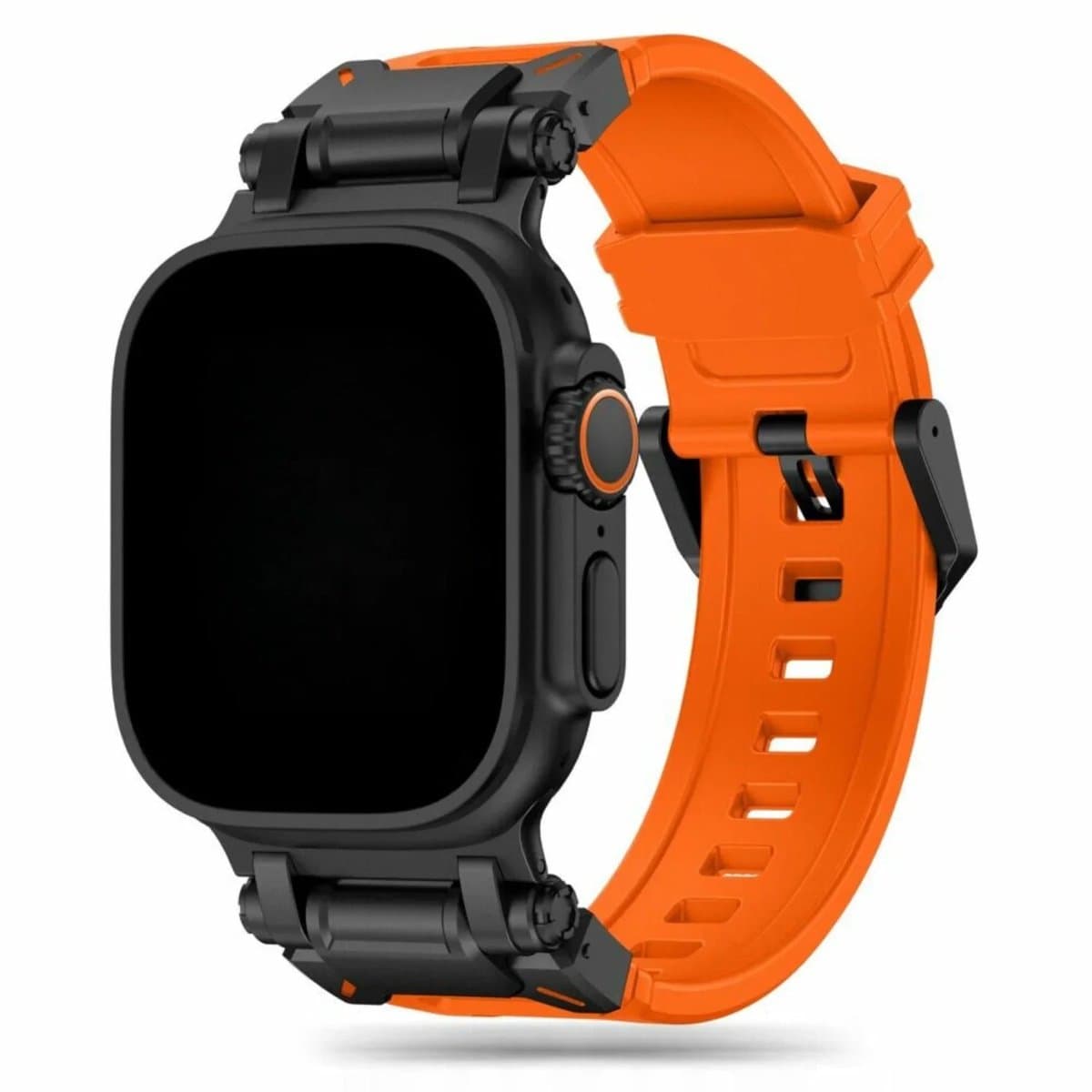 123watches Robust bandje - siliconen - oranje - zwart - 44 · 45 · 46 & 49 mm - Geschikt voor Apple Watch series 1/2/3/4/5/6/7/8/9/10/11/12/SE/SE2/SE3/Ultra/Ultra 2/Ultra 3/Ultra 4