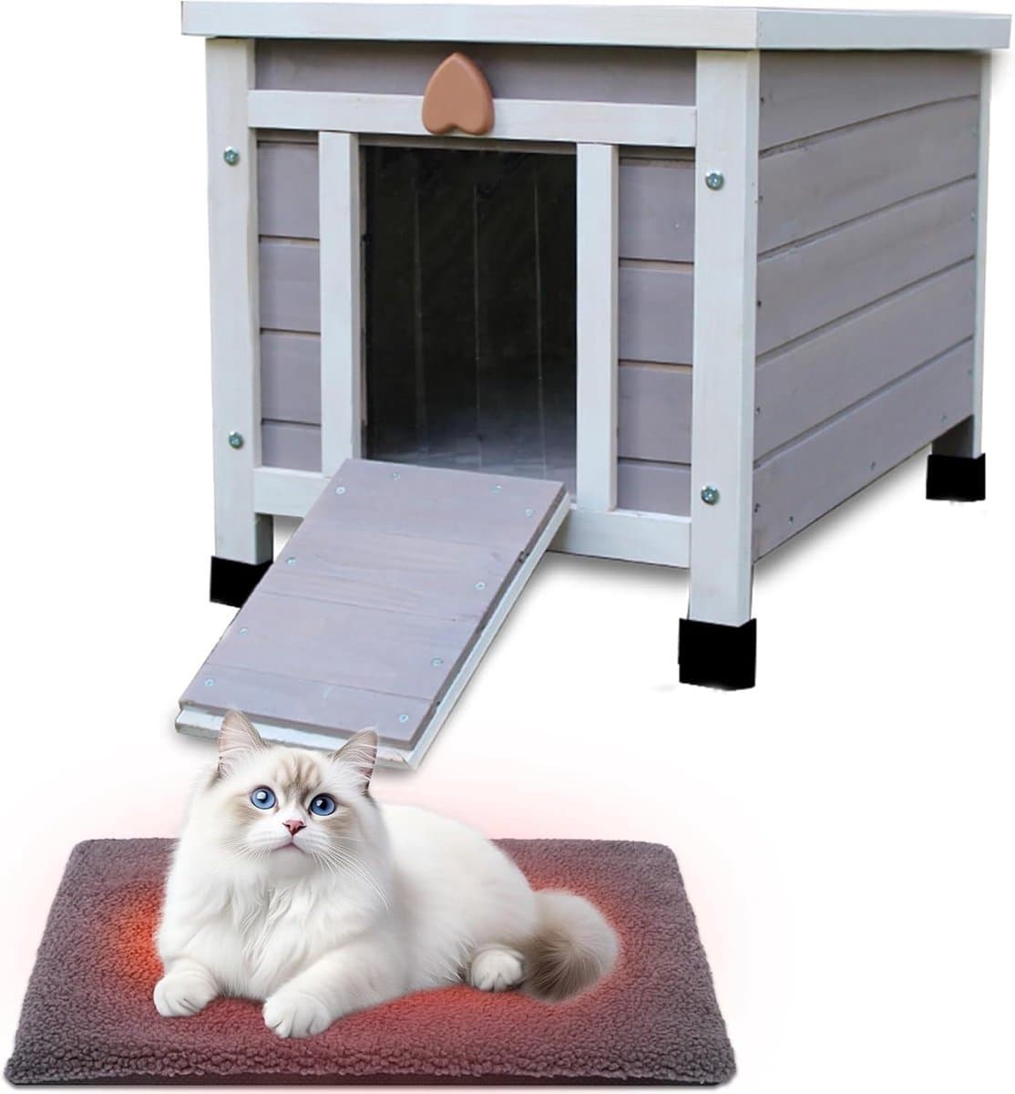 Buiten Kattenhuis - Dierenverblijf - Bescherming tegen Weer - Zelfverwarmende Mat - 42 x 51 x 43 cm - Grijs