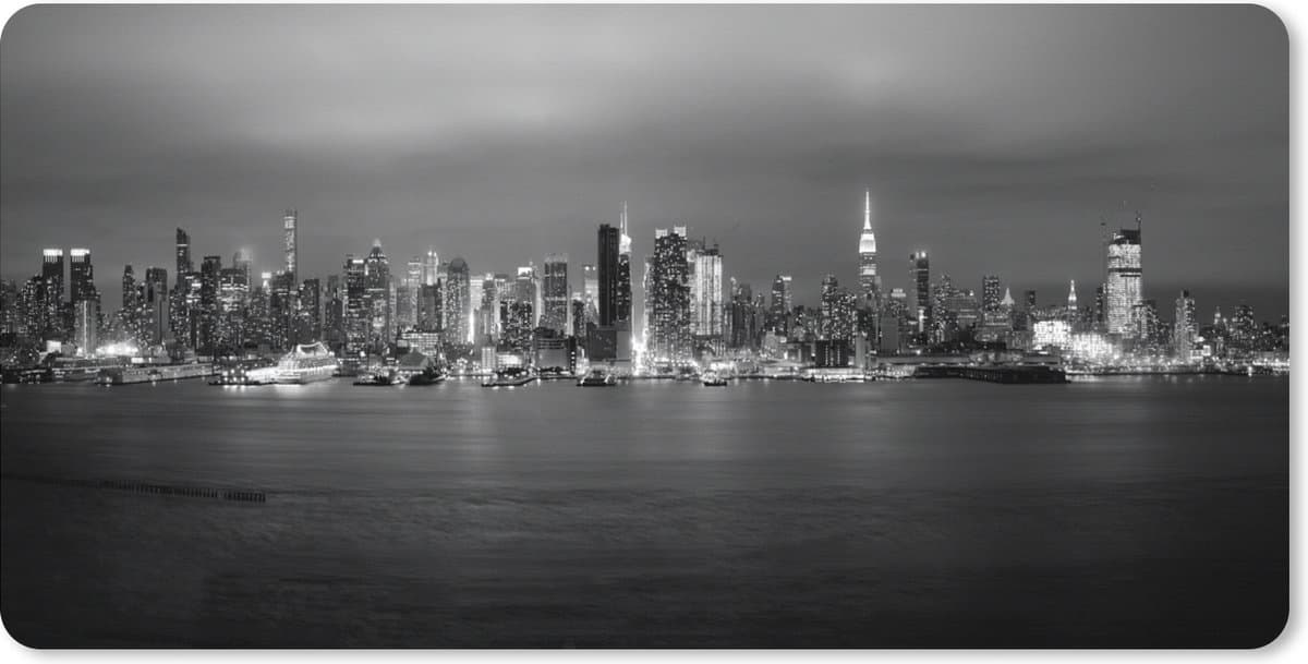 Muismat XXL 120x60 cm - Bureau onderlegger - Bureau mat New York - Skyline - Nacht - Zwart - Wit - Bureaumat - Gaming mousepad xl - Bureaulegger groot - Computer deskmat
