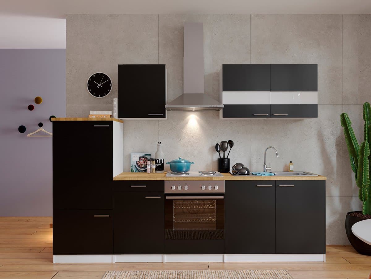 Goedkope keuken 270 cm - complete keuken met apparatuur Malia - Wit/Zwart - soft close - elektrische kookplaat - afzuigkap - oven - spoelbak