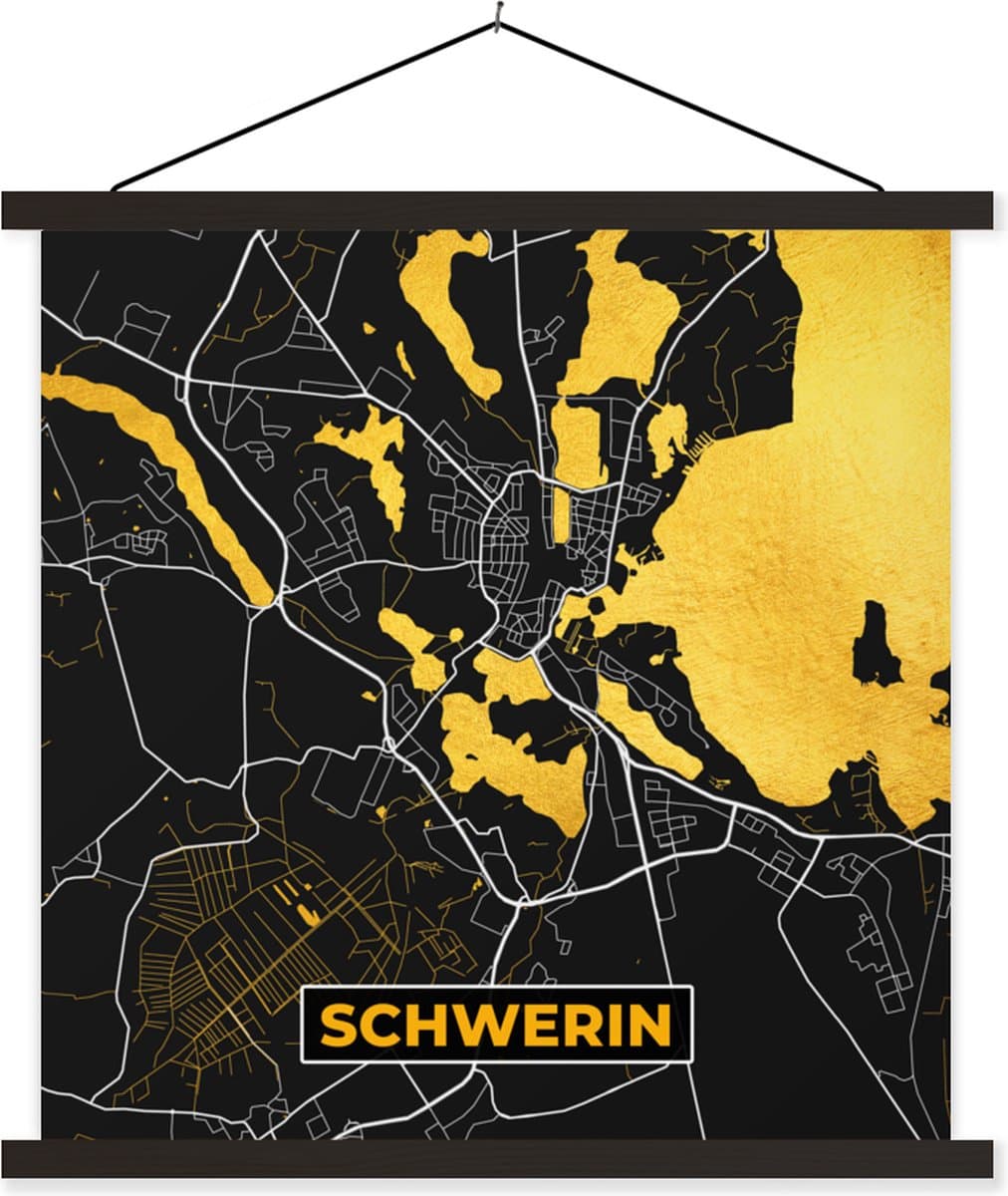 Posterhanger incl. Poster 90x90 cm - Schoolplaat - Schwerin - Goud - Stadskaart - Plattegrond - Kaart - Duitsland - Textielposter - Zwarte latten - Stadskaart
