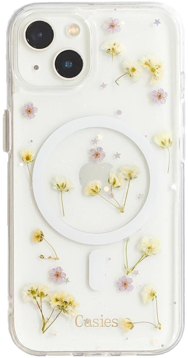 Casies droogbloemen MagSafe hoesje geschikt voor Apple iPhone 15 Plus - gedroogde bloemen telefoonhoesje - Dried Flower Soft Case TPU - Transparant