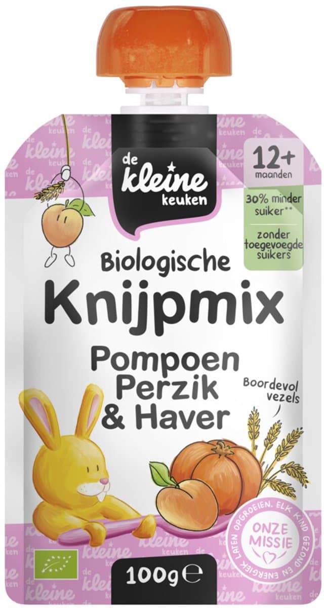 de Kleine Keuken Bio Knijpmix 12+m Pompoen Perzik Haver - 6 x 100 gr - Voordeelverpakking