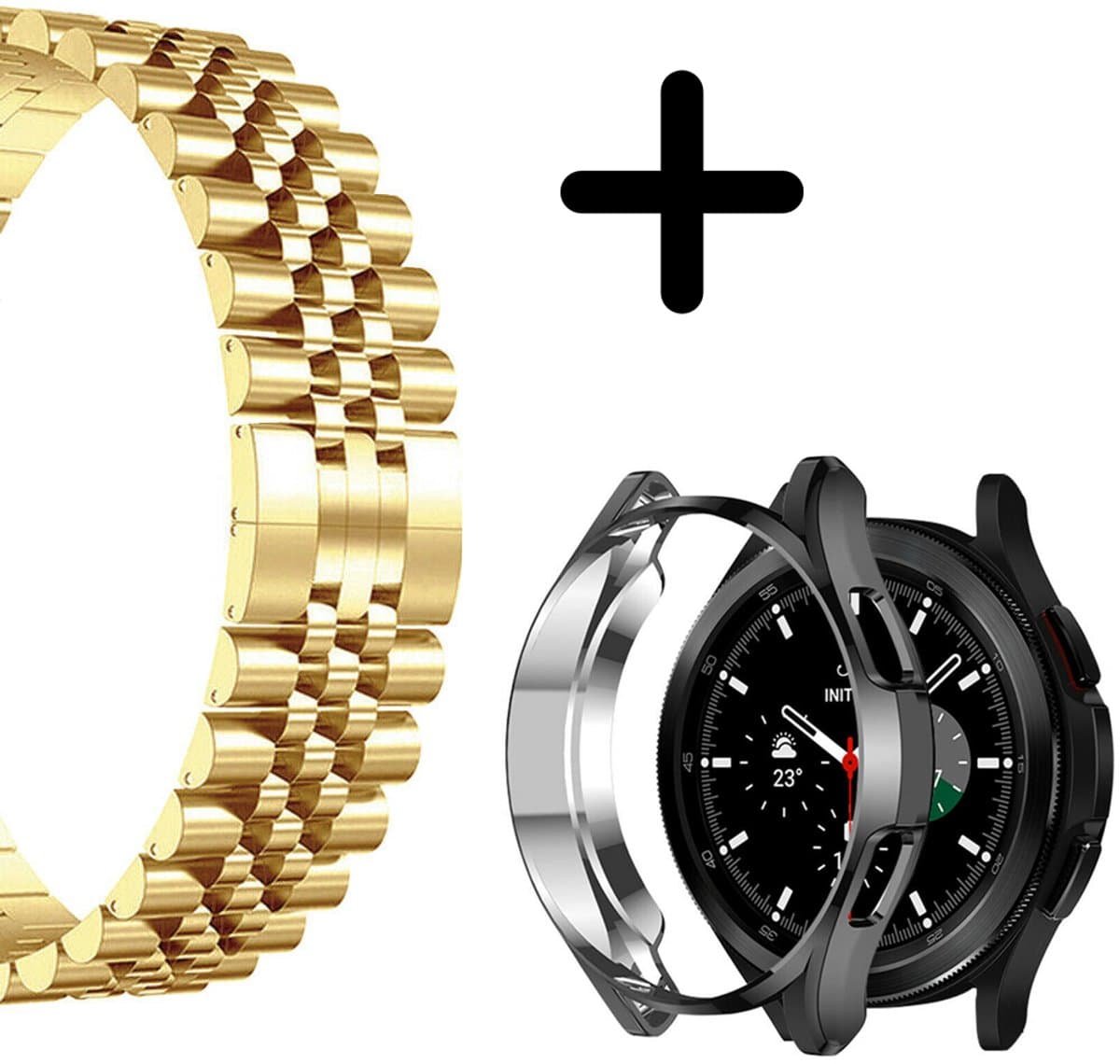 Strap-it geschikt voor Galaxy Watch 4 Classic Bandje 42 mm - Stalen bandje Galaxy Watch 4 Classic 42mm goud - Geschikt voor Geschikt voor Samsung Galaxy Watch 4 Classic 42mm - Bandje staal goud + beschermhoes - Watch 4 Classic 42mm hoesje zwart