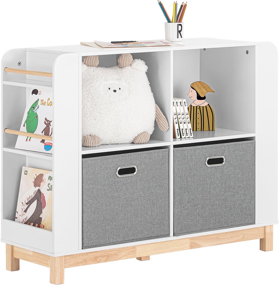 SoBuy KMB85-W Boekenkast - Wit Houten Opbergkast met Planken & Manden