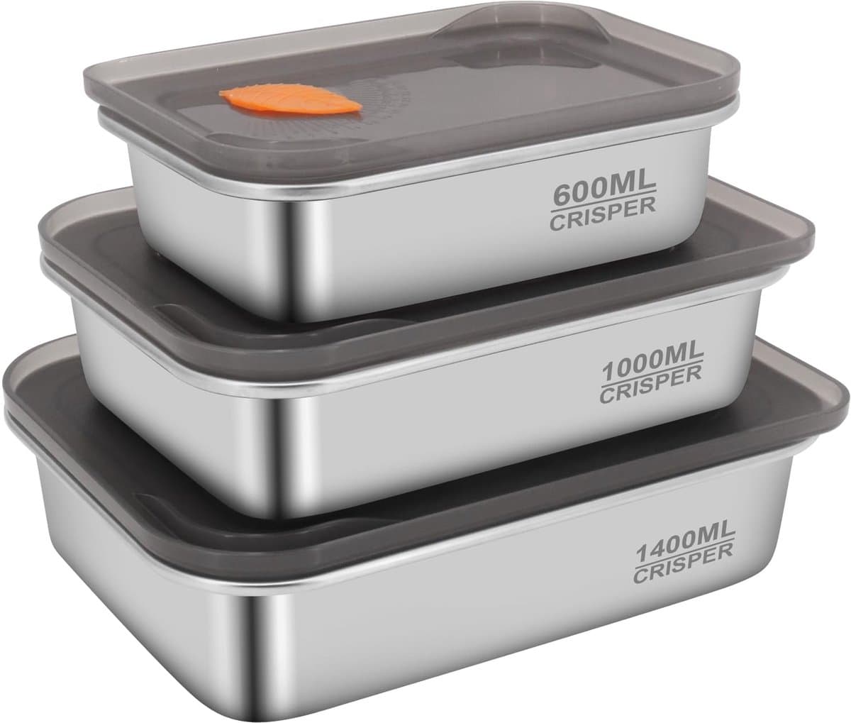 RVS voedselcontainers met deksel, snackcontainers, lekvrije metalen voedselcontainers voor restaurantkeukens, vriezers, buffetten (600ml+1100ml+1400ml)