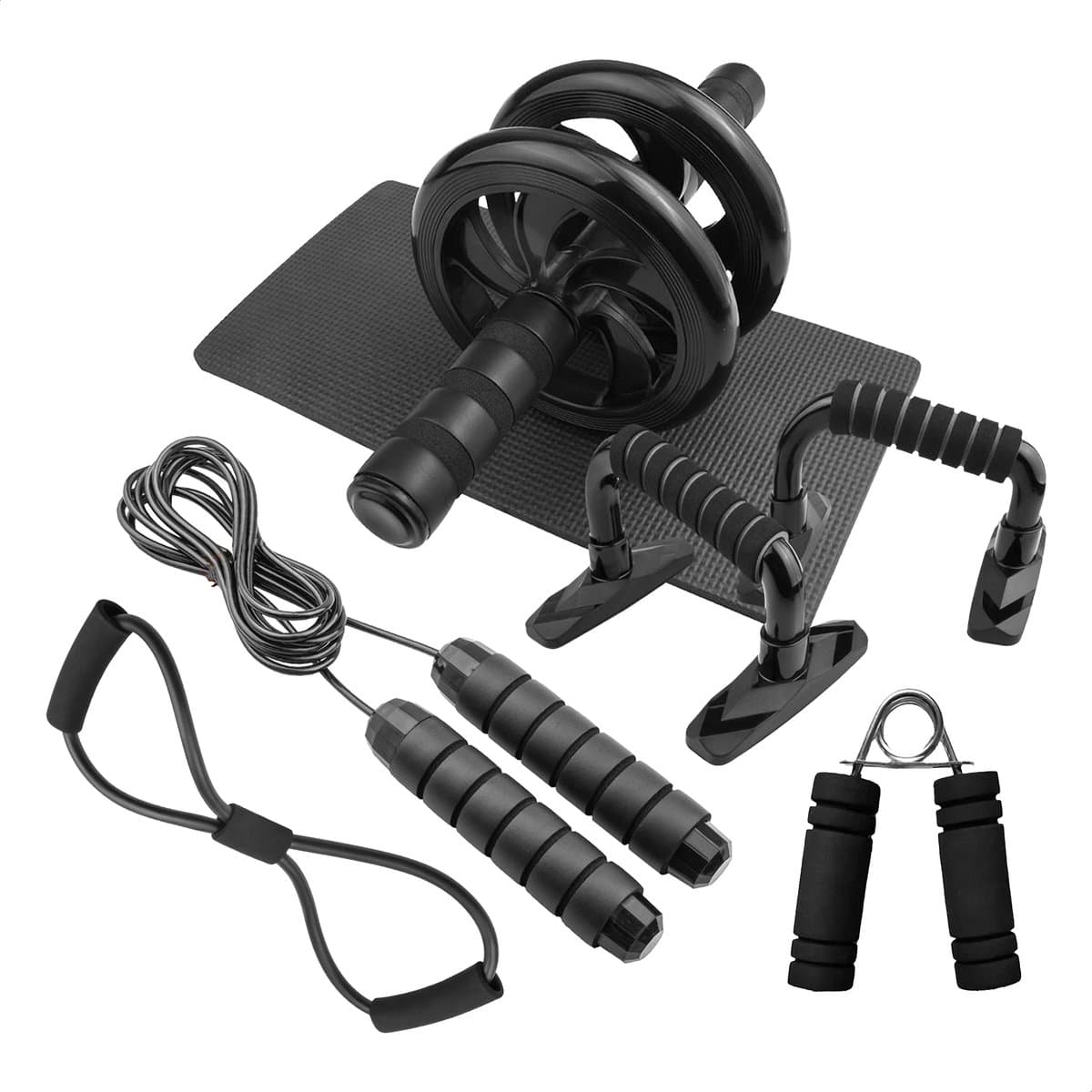 Ryce® Fitness set - Kinderen & volwassenen - Springtouw - Hand trainer - Knijper - Grip - Onderarm - Opdruksteunen - Ab roller - Wheel - Yoga riem - Kniemat
