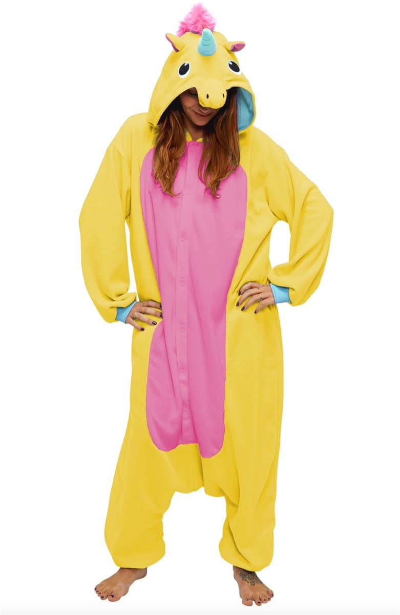 KIMU® Onesie Gele Eenhoorn Pak - Maat XS-S of 152-158 - Eenhoornpak Unicorn Kostuum Geel - Unicornpak Jumpsuit Pyjama Pyjama Dames Heren Festival