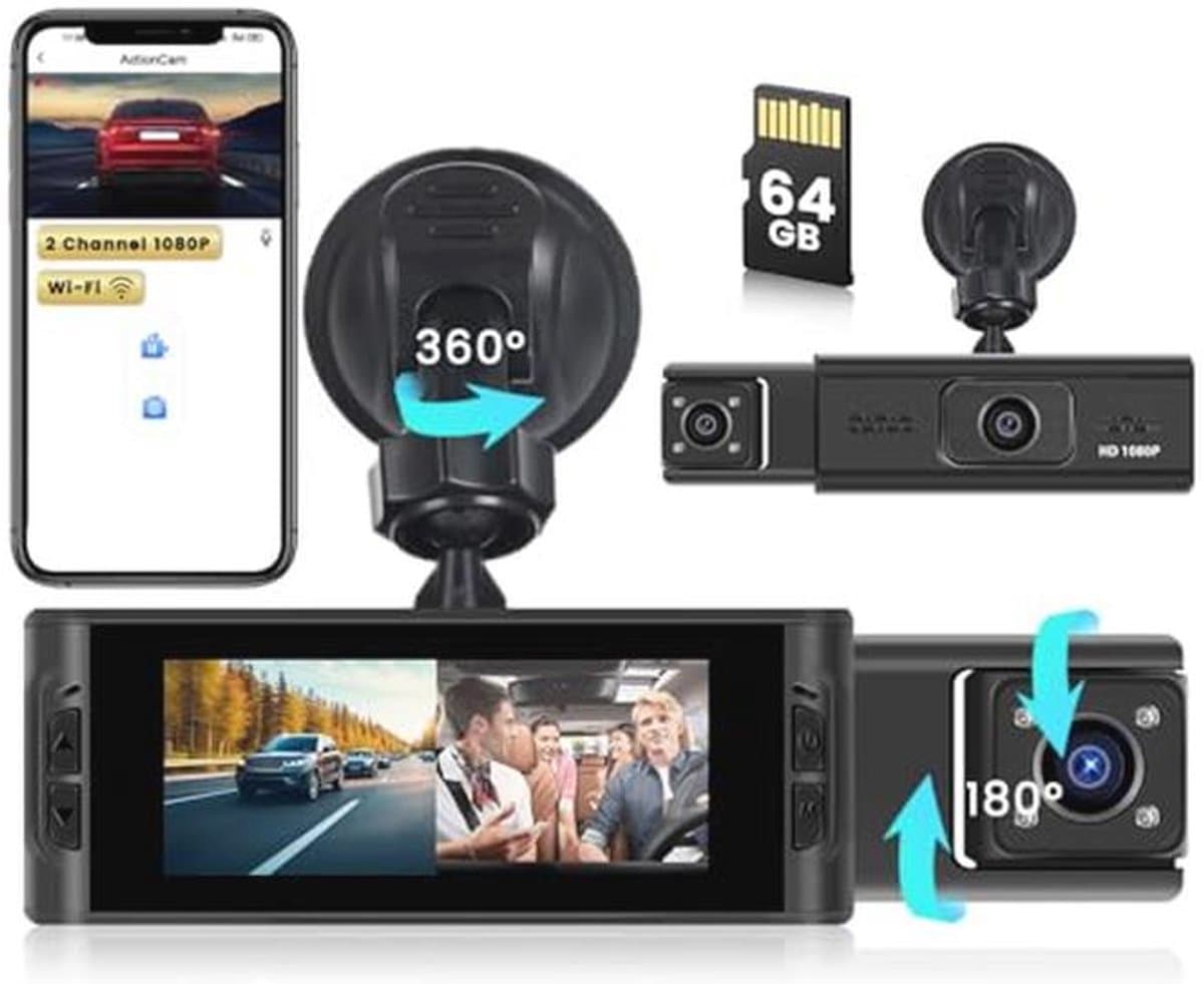 Draadloze WiFi Dashcam met 64 GB SD-kaart - FHD 1080P Auto Camera met Bewegingsdetectie en Loop-opname