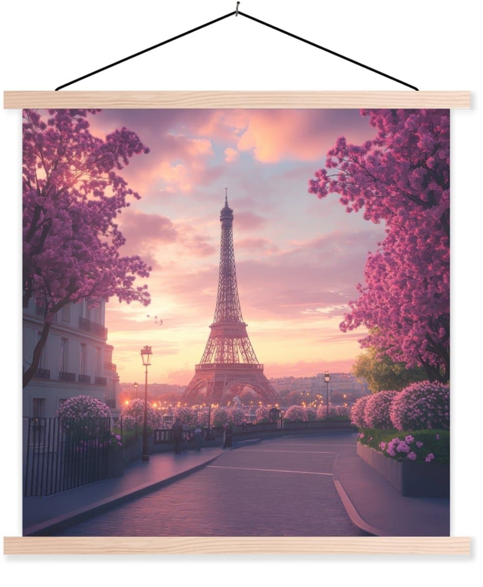 Posterhanger incl. Poster 90x90 cm - Schoolplaat - Eiffeltoren - Parijs - Roze - Textielposter - Blanke latten