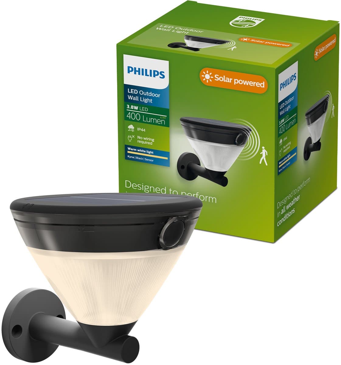Philips Kyna Solar wandlamp - Zonne-energie - Warmwit licht: 2700K - Zwart - Twee lichtstanden - Schemersensor - Bewegingssensor - IP44: weerbestendig - Solar buitenverlichting