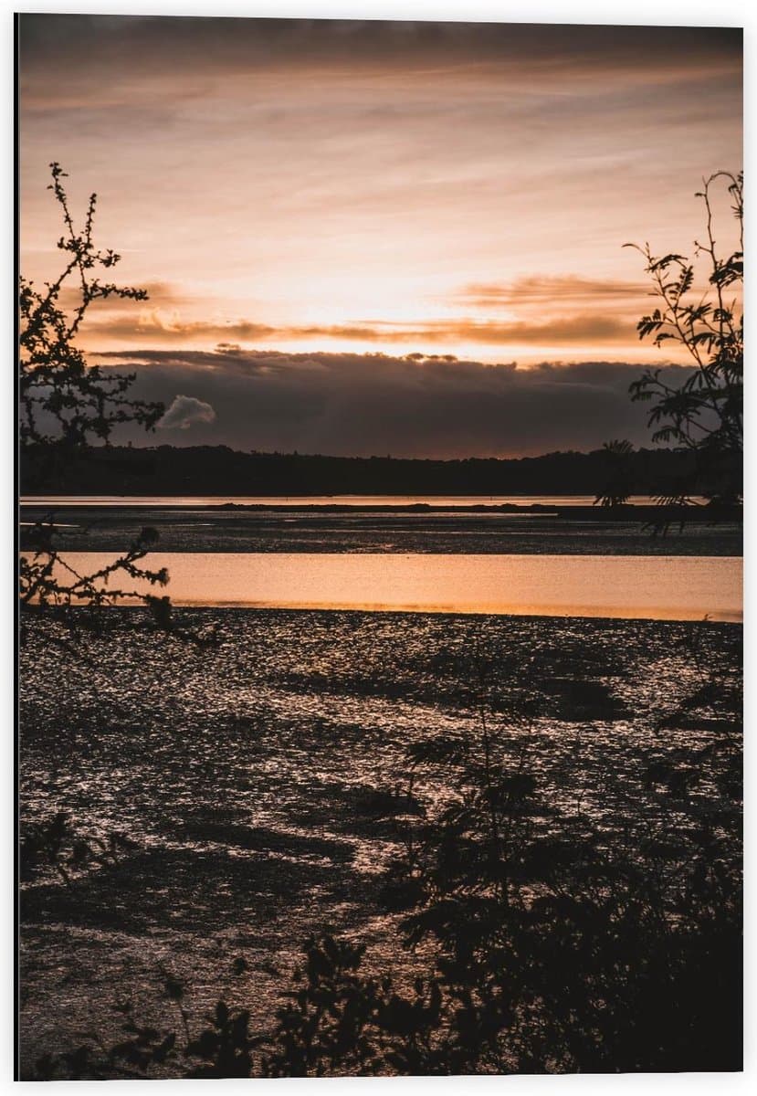 Dibond - Uitzicht op Meer tegen de Schemering - 40x60cm Foto op Aluminium (Met Ophangsysteem)