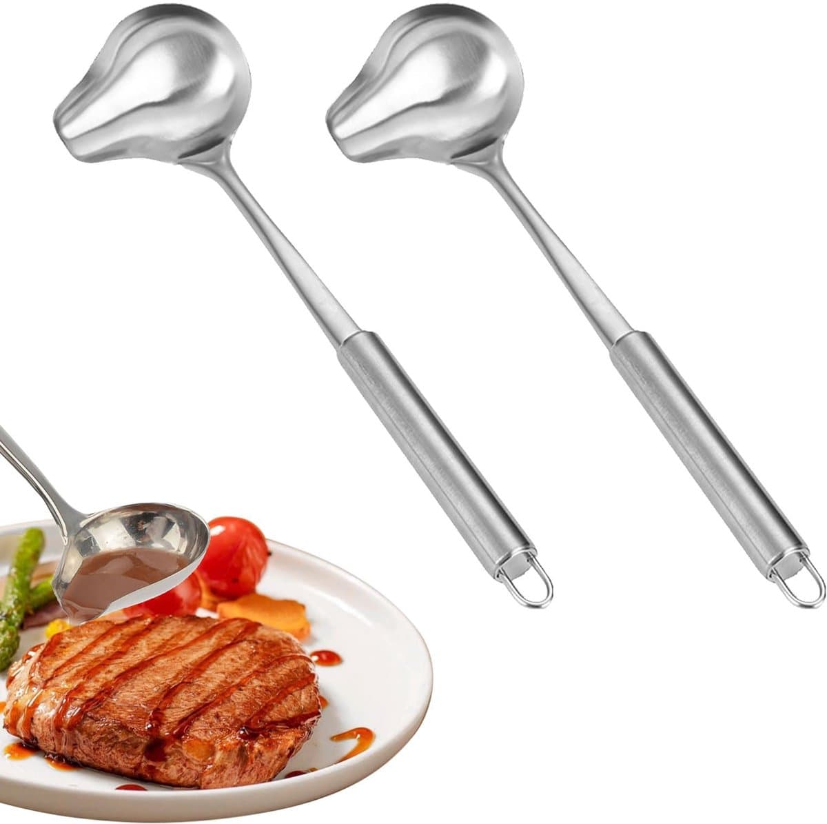 My Ninki ® Sauslepel Set van 2 met Ergonomische Schenktuit voor Soepen en Sauzen