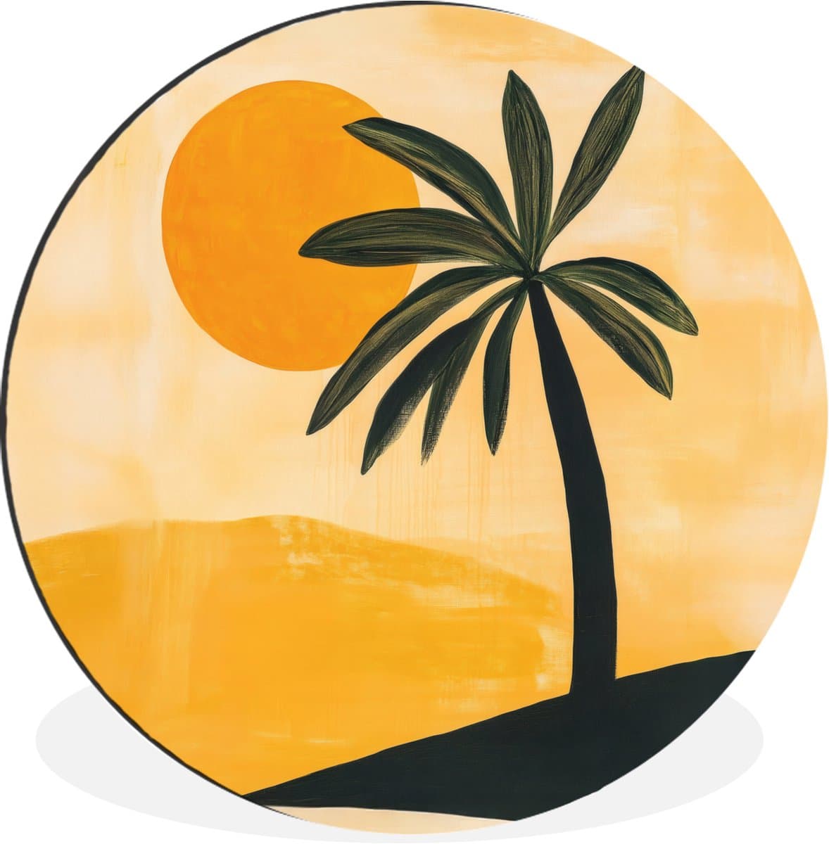 WallCircle - Wandcirkel - Muurcirkel - Illustratie - Palmboom - Zon - Heuvels - Aluminium - Dibond - 90x90 cm - Binnen en Buiten